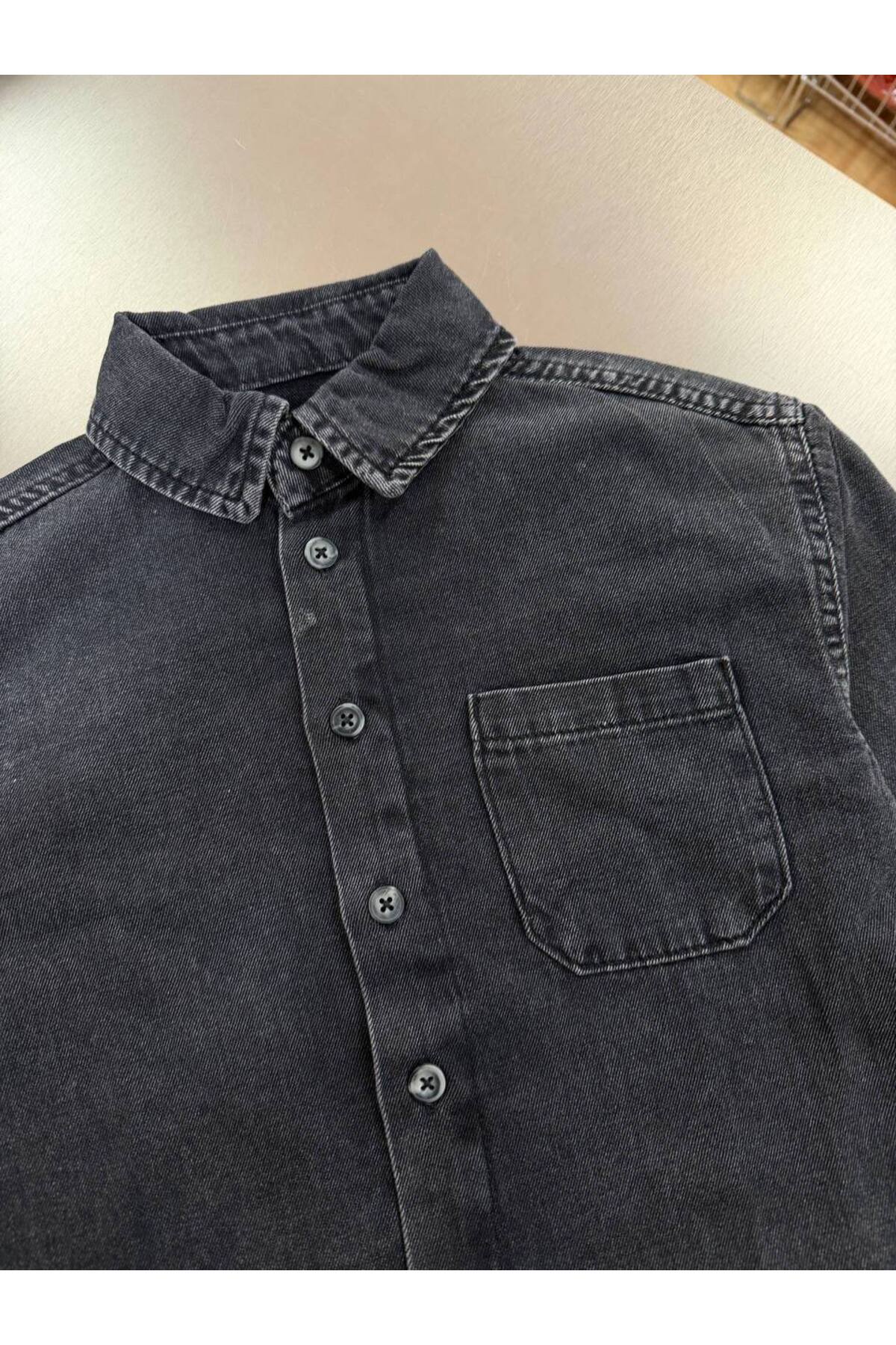 Teeny Weeny Kids Unisex Çocuk Antrasit Pamuk Denim Gömlek fotoğrafı 3 (önizleme)