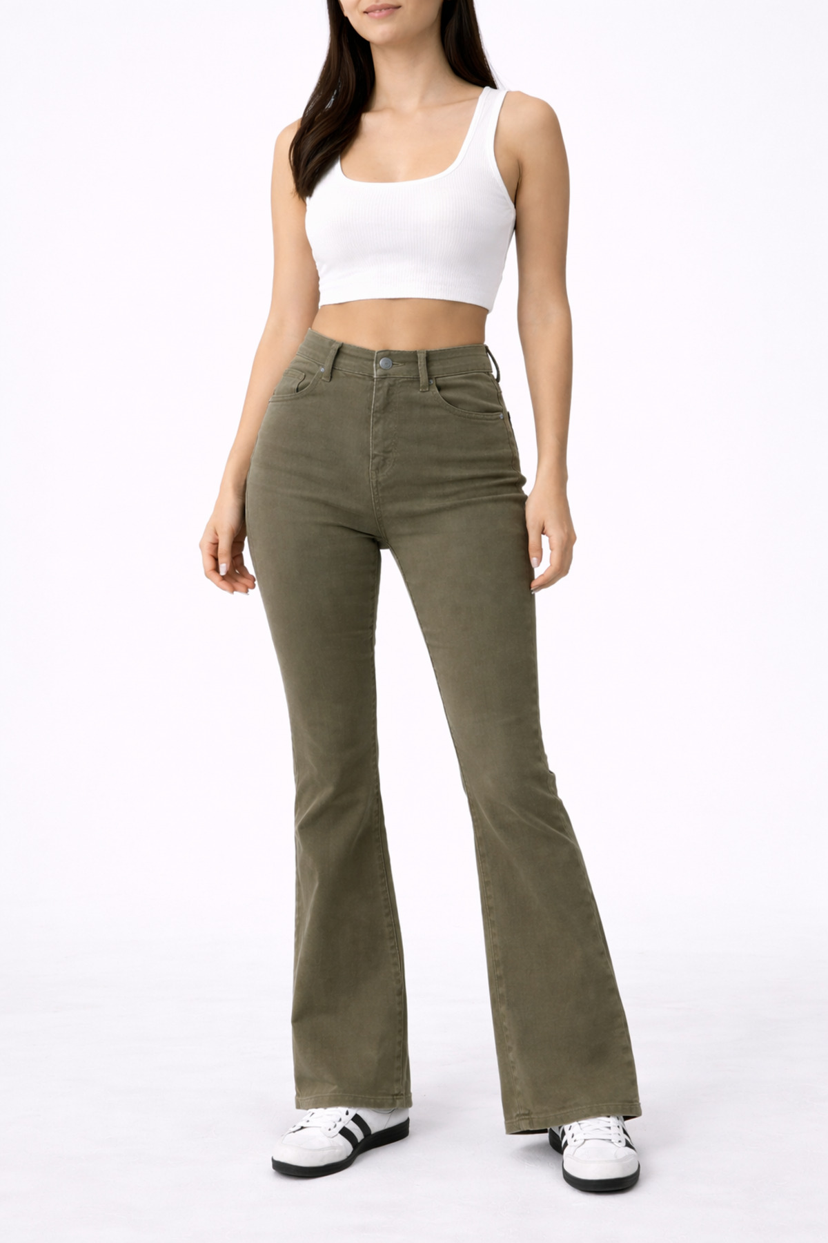 Lighter Jeans  Kadın Haki Yüksek Bel İspanyol Paça Flare Pantolon – Likralı Esnek, Toparlayıcı, Uzun Trend Jean