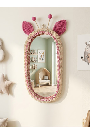 Niobe Rattan Bambu El Örmesi Zürafa Model Pembe Boy Aynası