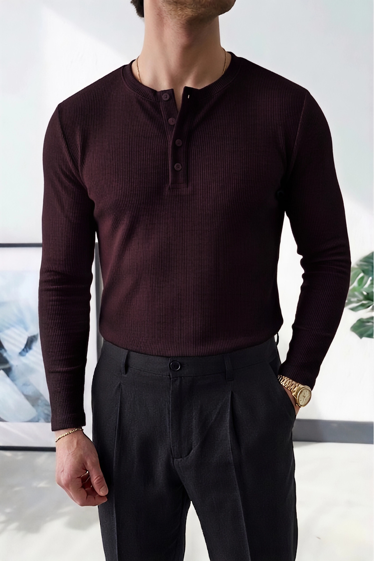 Wonraces Men's Burgundy Regular Fit Lycra Henley Buttoned Collar Seasonal Slim Sweatshirt
