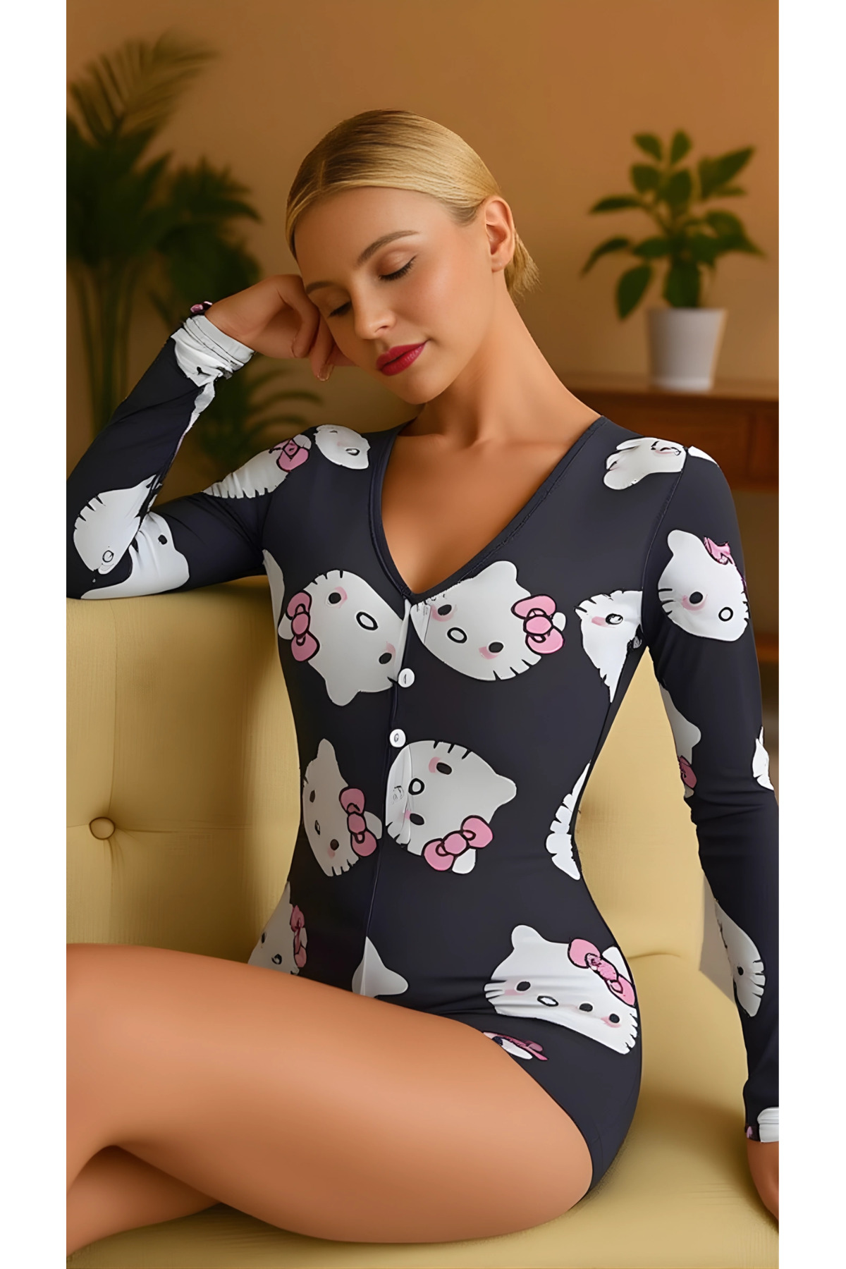 pilelistore Luna Lora Kitty Dream Pamuklu Siyah Kedicik Desenli Düğmeli Uzun Kol Tulum Pijama fotoğrafı 2 (önizleme)