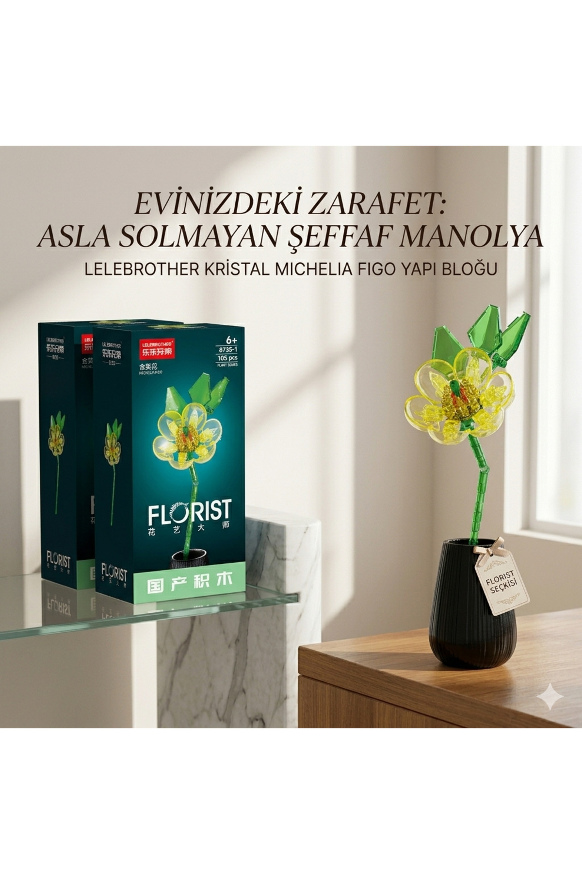 Cici Oyuncak Kristal Tasarım Şeffaf Manolya Blok Seti - Ev ve Ofis İçin Modern Dekoratif Çiçek 26 cm fotoğrafı 3 (önizleme)
