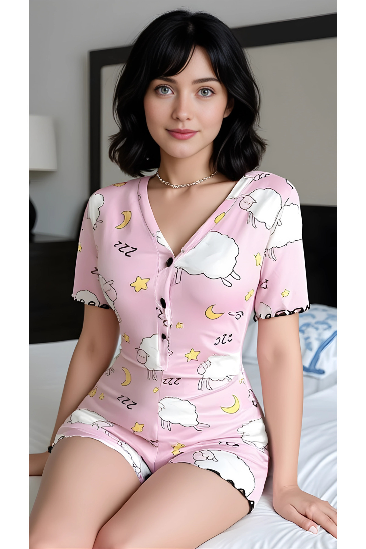pilelistore Luna Lora Lamb Dream Pamuklu Pembe Kuzu Desenli Düğmeli Uzun Kol Tulum Pijama fotoğrafı 2 (önizleme)