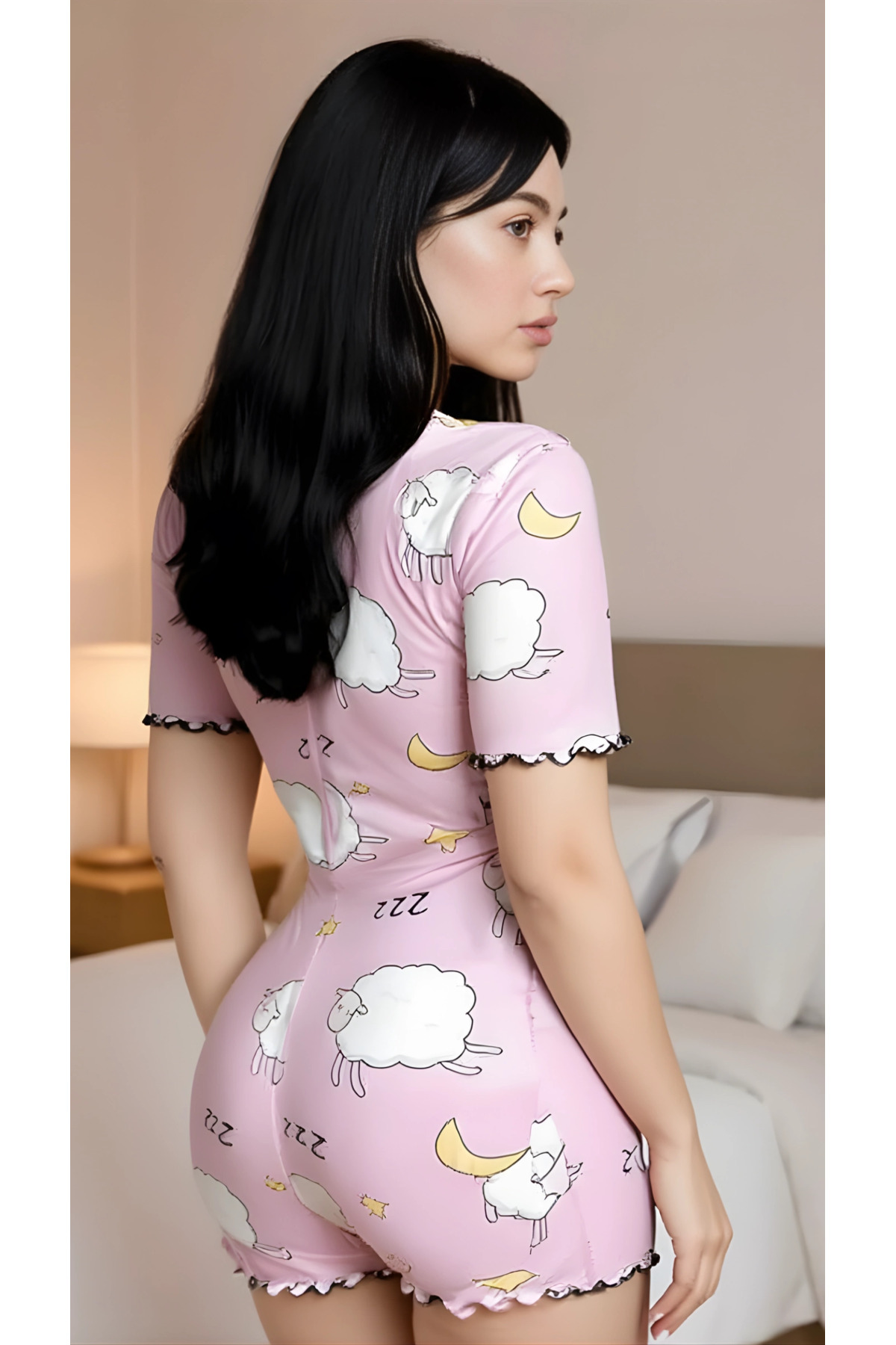 pilelistore Luna Lora Lamb Dream Pamuklu Pembe Kuzu Desenli Düğmeli Uzun Kol Tulum Pijama fotoğrafı 3 (önizleme)