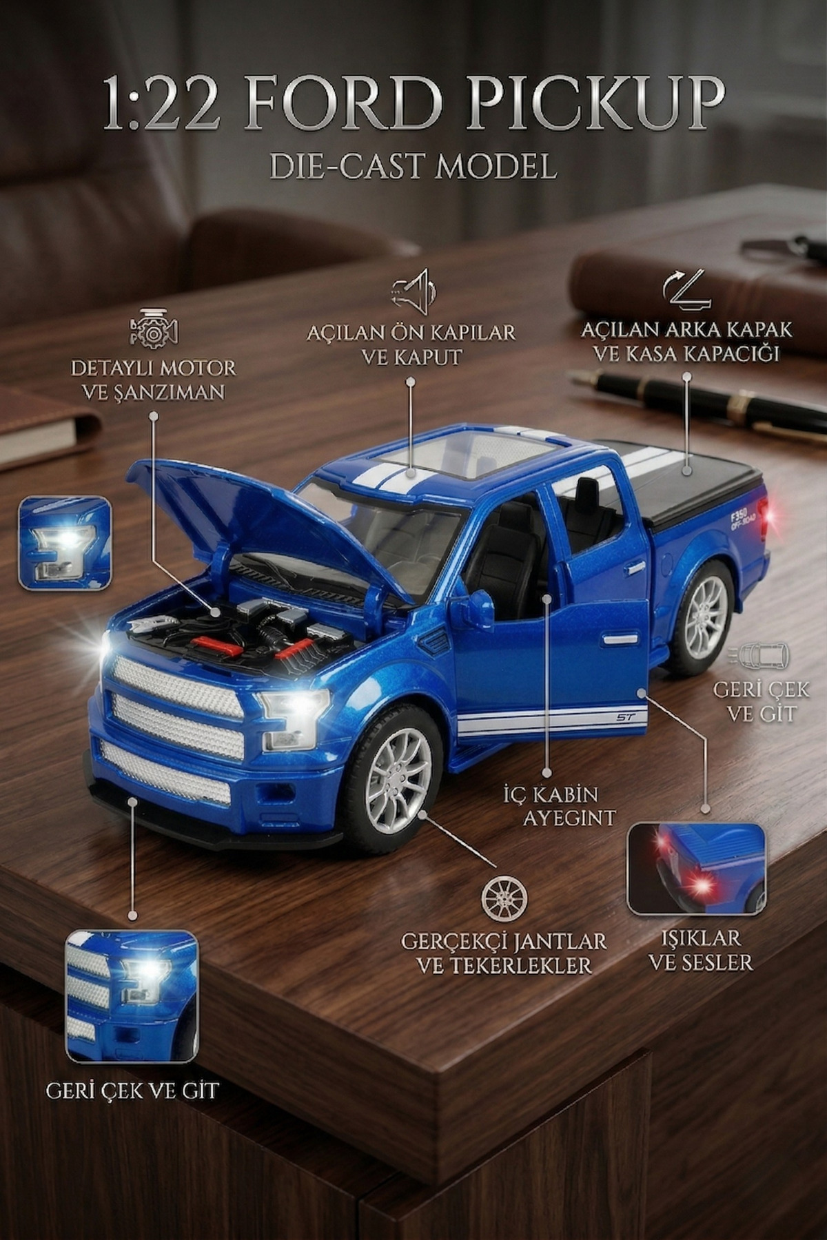 craftivio 1:22 Ölçek Metal Ford Pickup Model Araba - Sesli, Işıklı