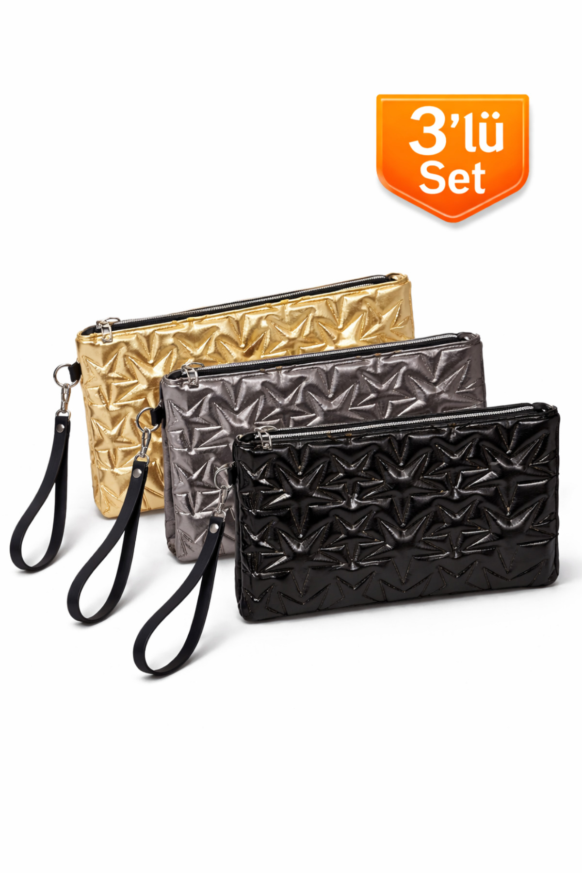 3-Piece Bag Package Star Patterned Portfolio Handbag Clutch Bag with Wrist Strap
