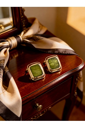 ayoljewelry Gold Çelik Kare Yeşil Mermer Desenli Büyük Küpe - Vintage Geo Sta...