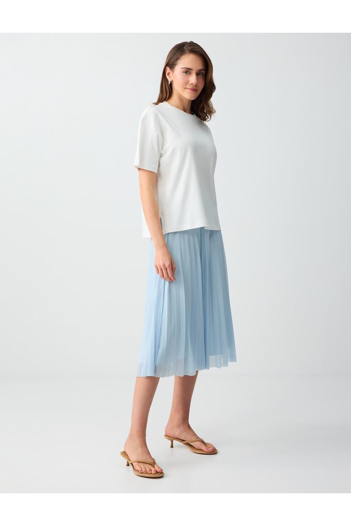 Jimmy Key  Gök Mavisi Yüksek Bel Rahat Kesim Piliseli Mesh Midi Etek - Görsel 3