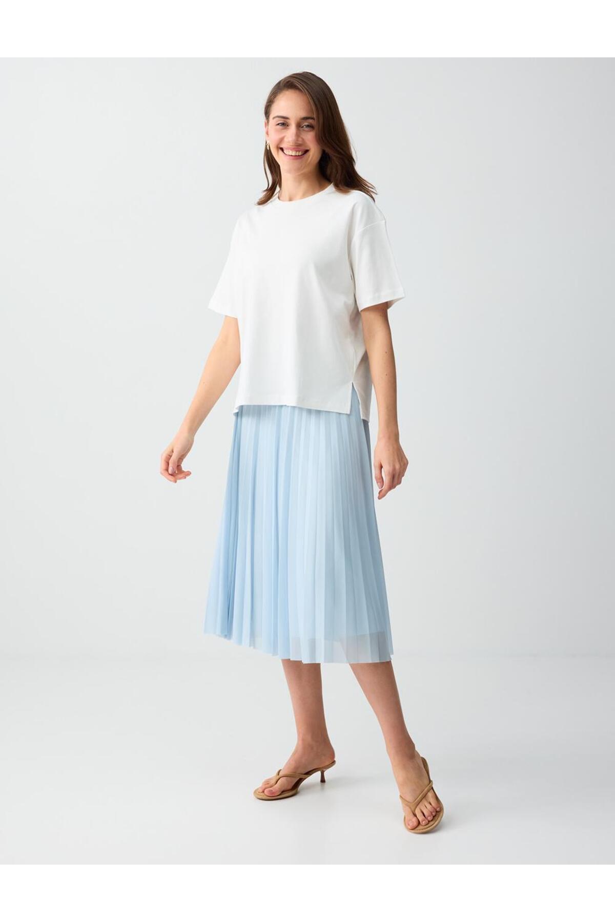 Jimmy Key  Gök Mavisi Yüksek Bel Rahat Kesim Piliseli Mesh Midi Etek - Görsel 4