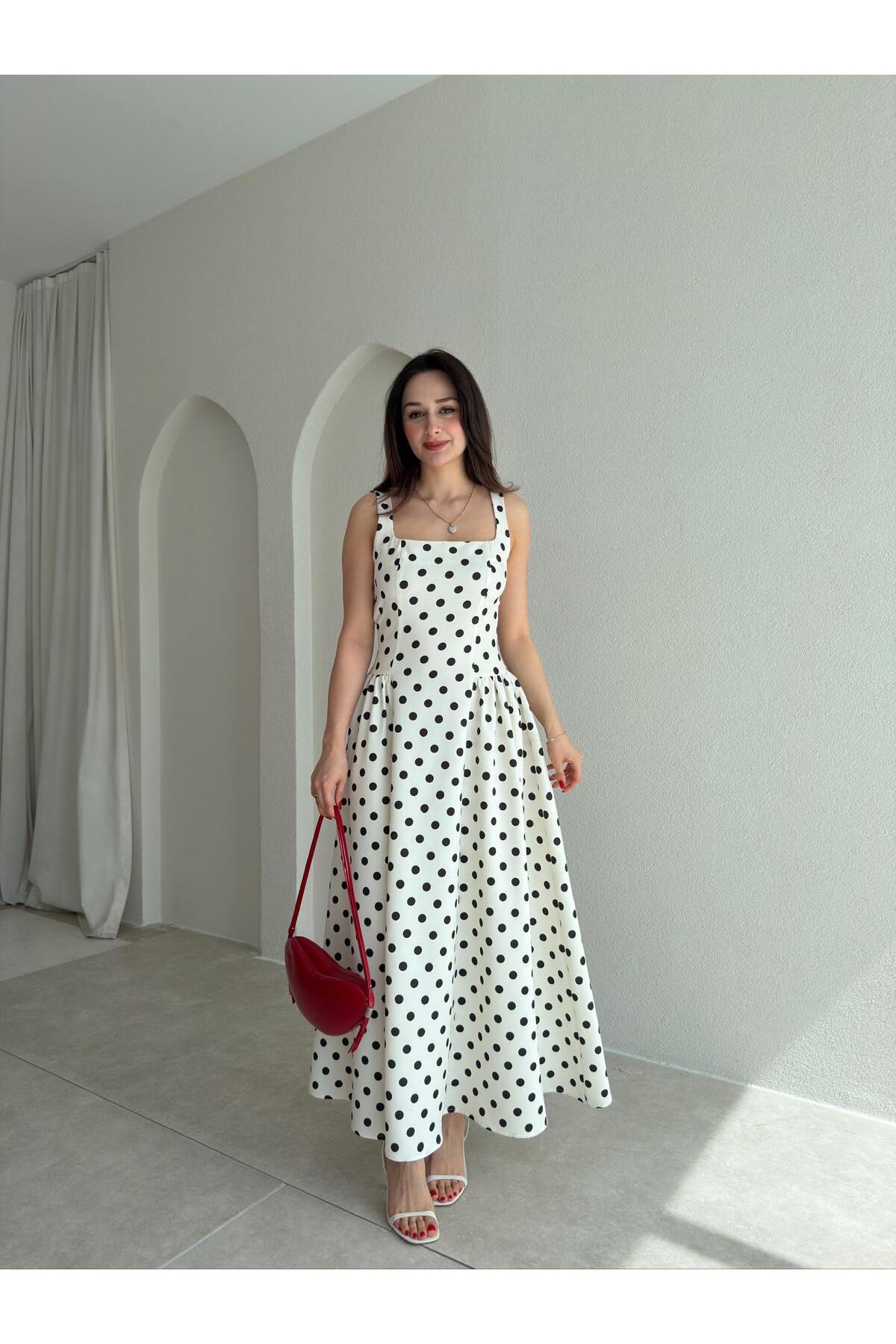 Mooi Butik  WOOD Puantiyeli Maxi Elbise 9009 - Beyaz