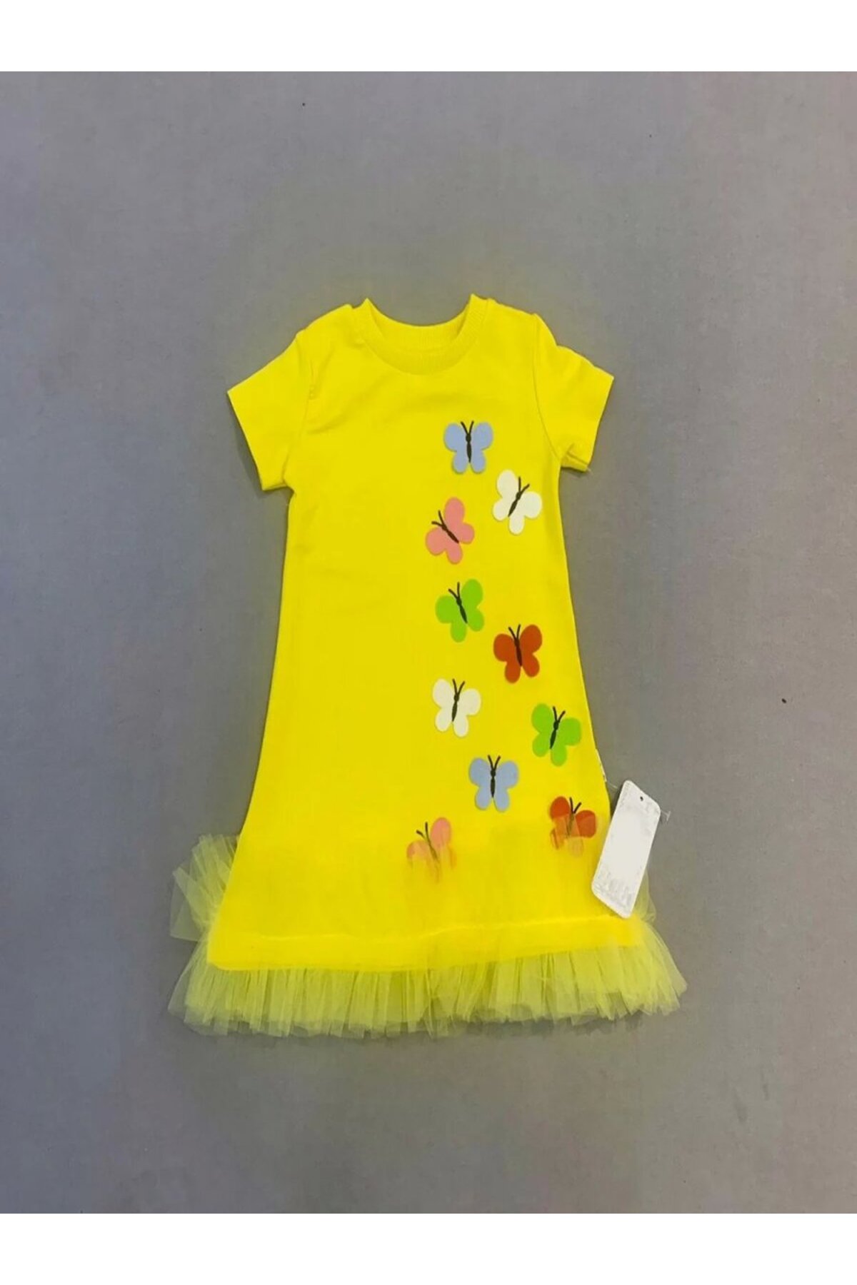 Dua Giyim 1-2-3 Yaş Renkli Kelebekler Nakışlı Eteği Fırfırlı Jile Çuk Elbisesi Sarı fotoğrafı 2 (önizleme)