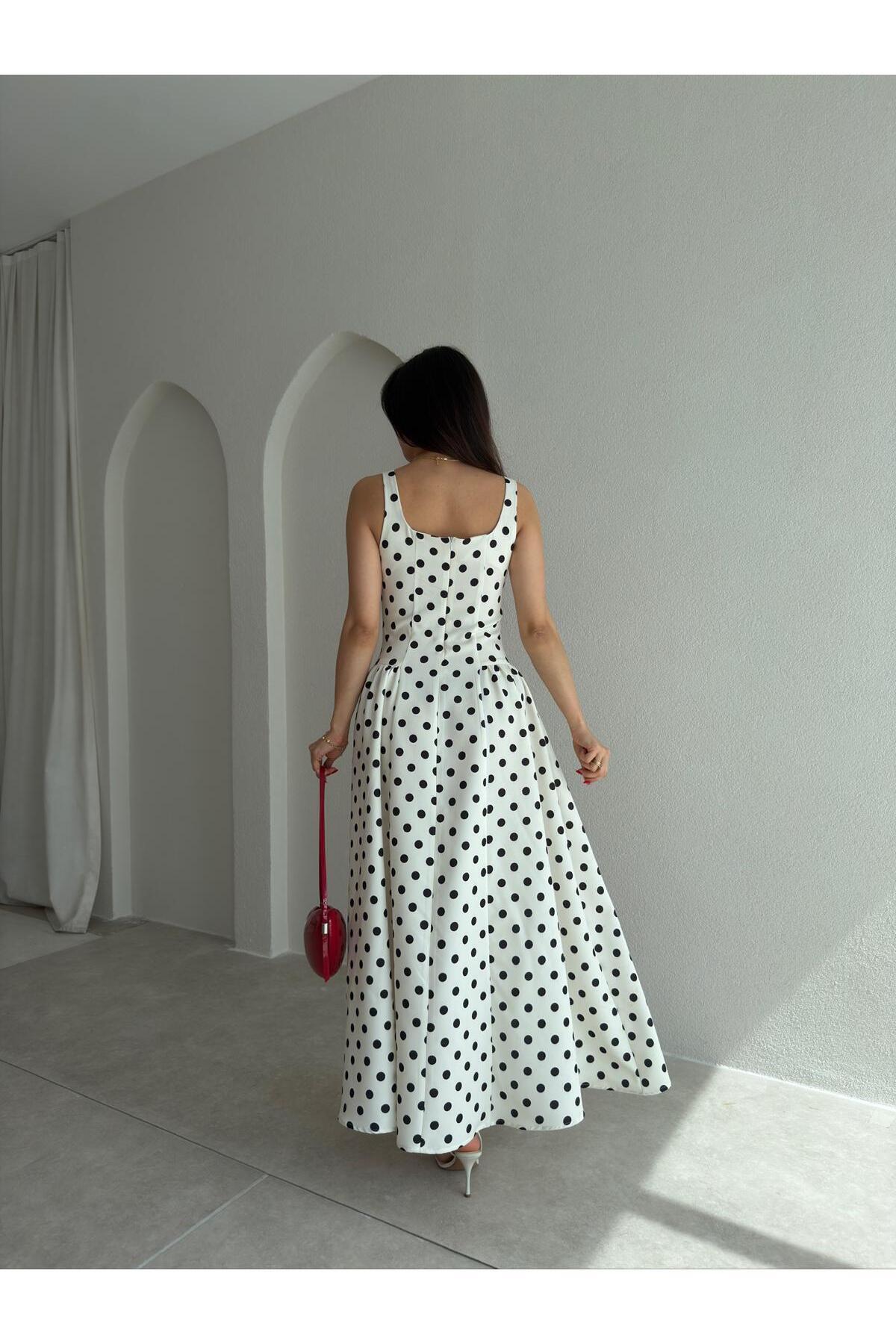 Mooi Butik  WOOD Puantiyeli Maxi Elbise 9009 - Beyaz - Görsel 3