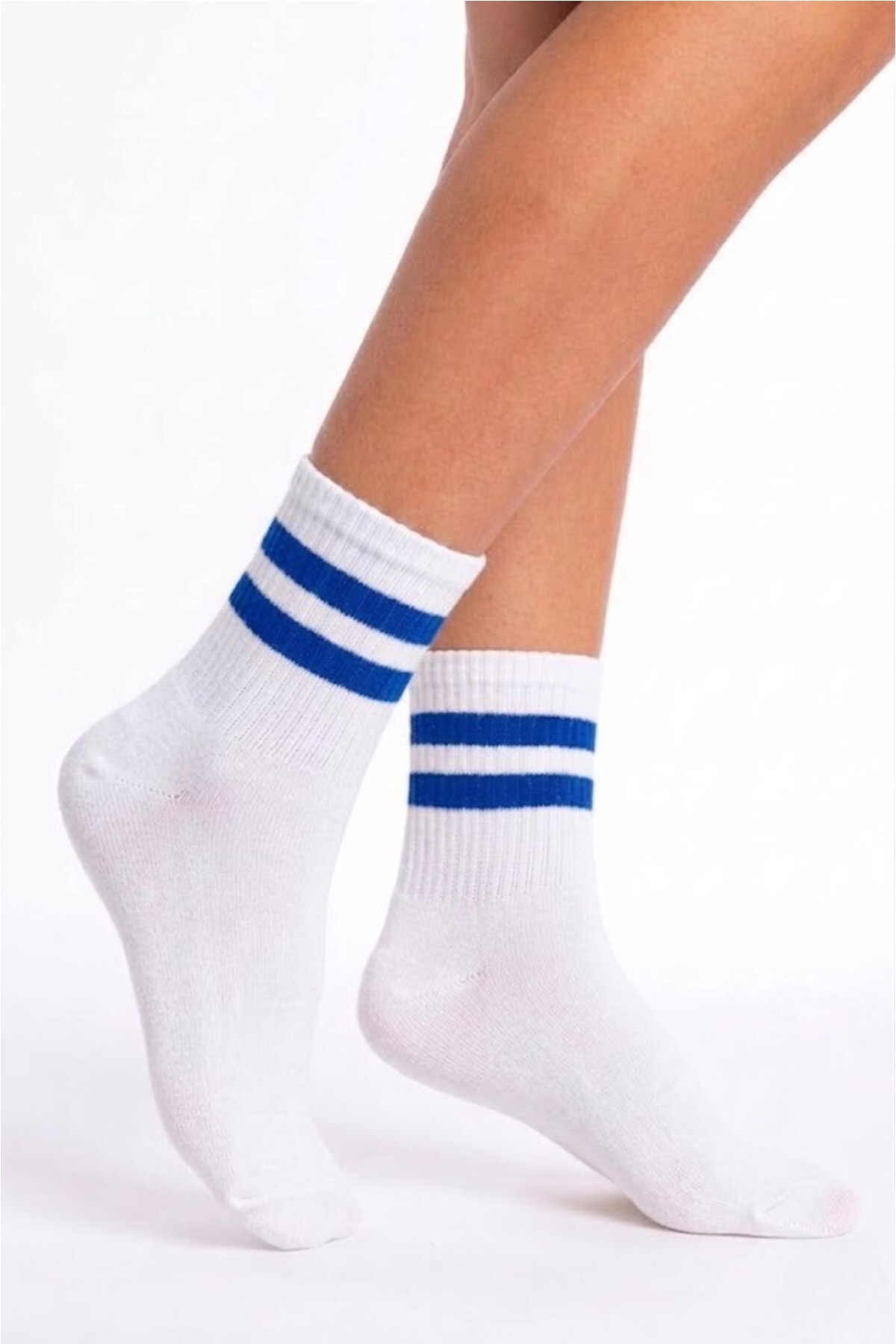 Esinti Mavi Çizgili Beyaz Erkek Çorap Unisex Genç Spor Kolej Çorap -Tekli