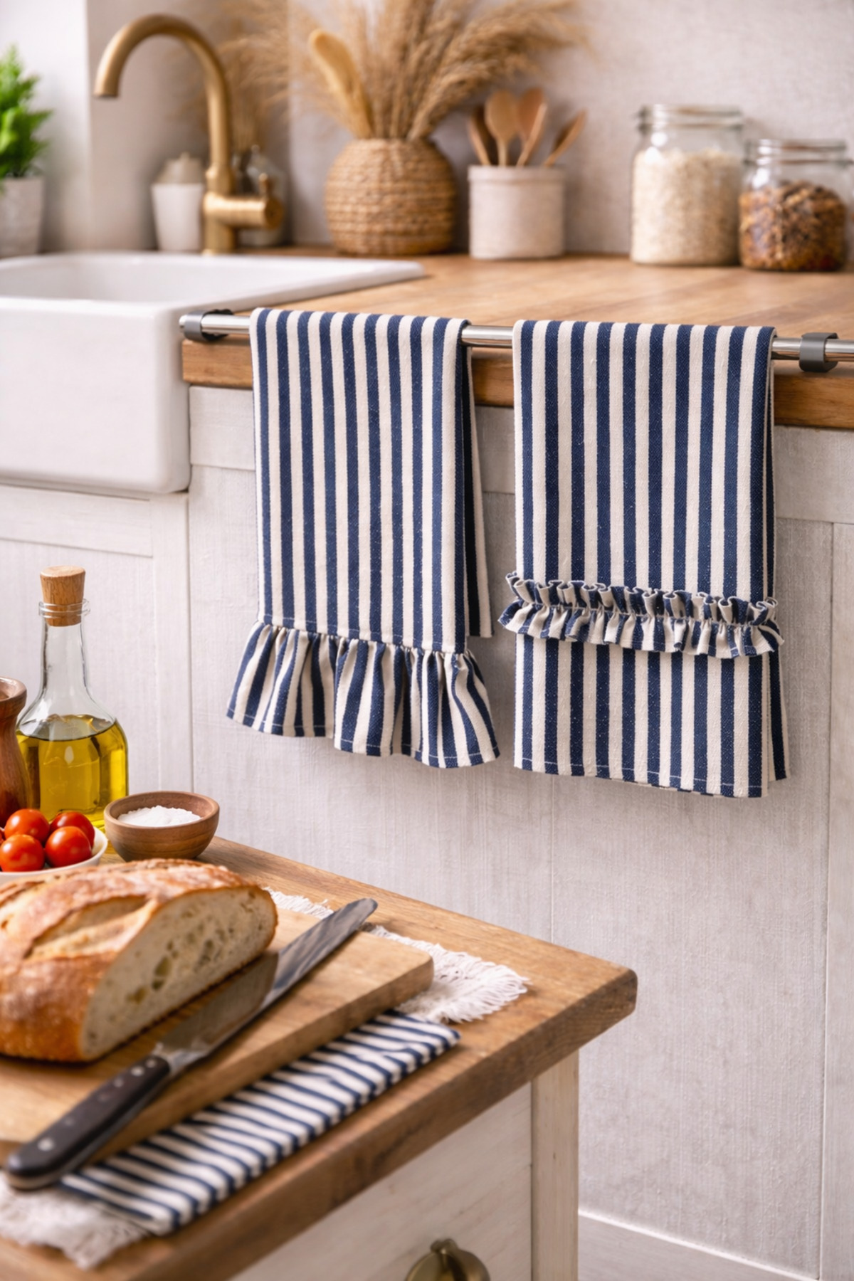 Cotton Linen Ruffle Kitchen Towel 2-Piece Set 35x55 cm Natural Drying Cloth