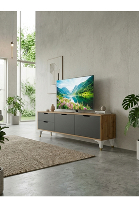 hacıbekiroğlu Modern Meşe Antrasit 180 Cm TV Ünitesi Modern İnce Ayaklı Şık t...