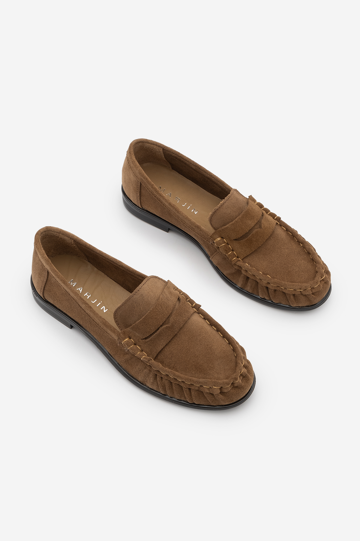 Marjin Kadın Hakiki Deri Oval Burun Makosen Dikişli Büzgülü Loafer Günlük Ayakkabı Lefora Camel Süet görsel 7