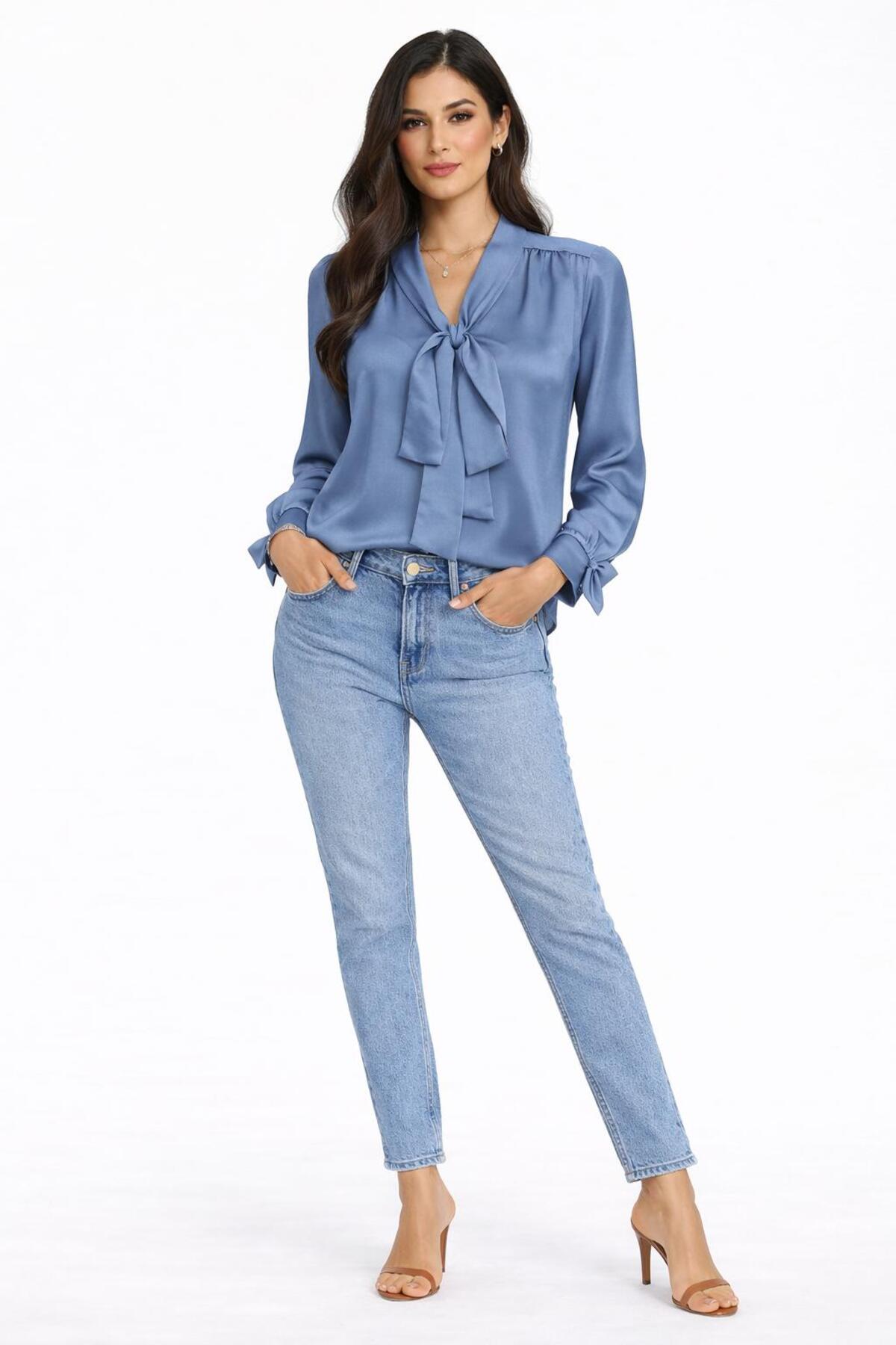 LE CARAMBOLE  Kadın Mavi Fular Detaylı Saten Bluz