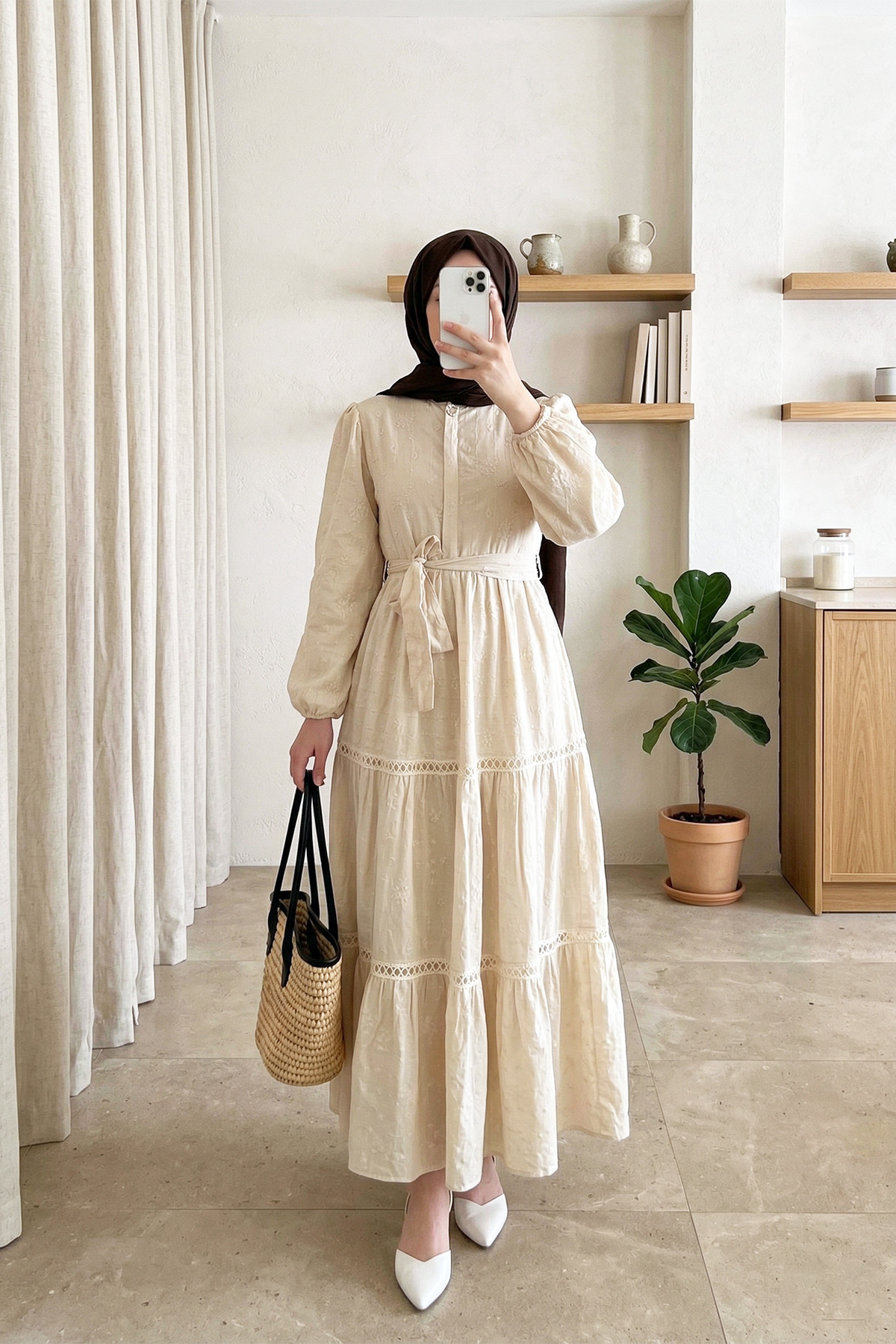Ribbon Lace Detailed Frilly Skirt Beige Dress
