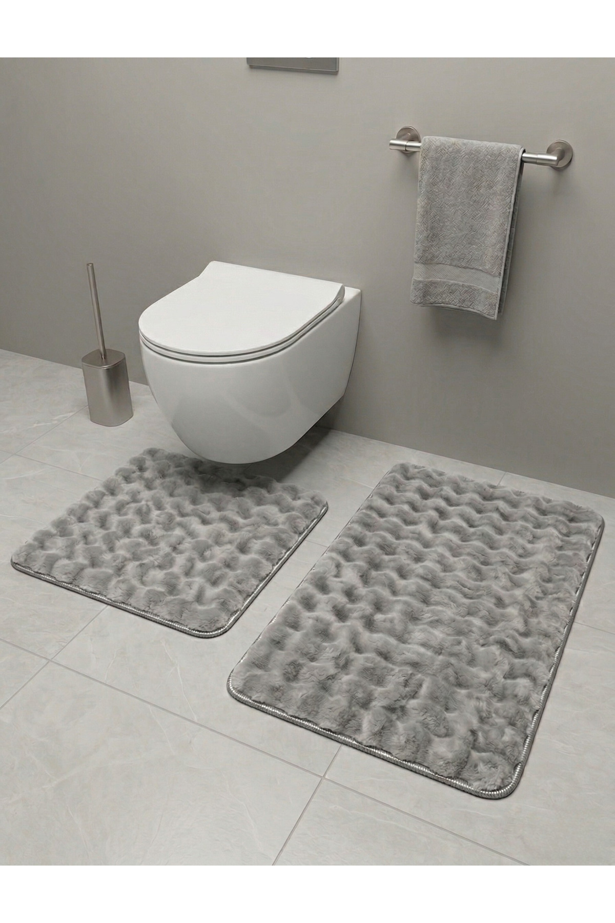 Bubble 2-Piece Bath Mat Set Gray Soft Machine Washable 60x100 and 40x60
