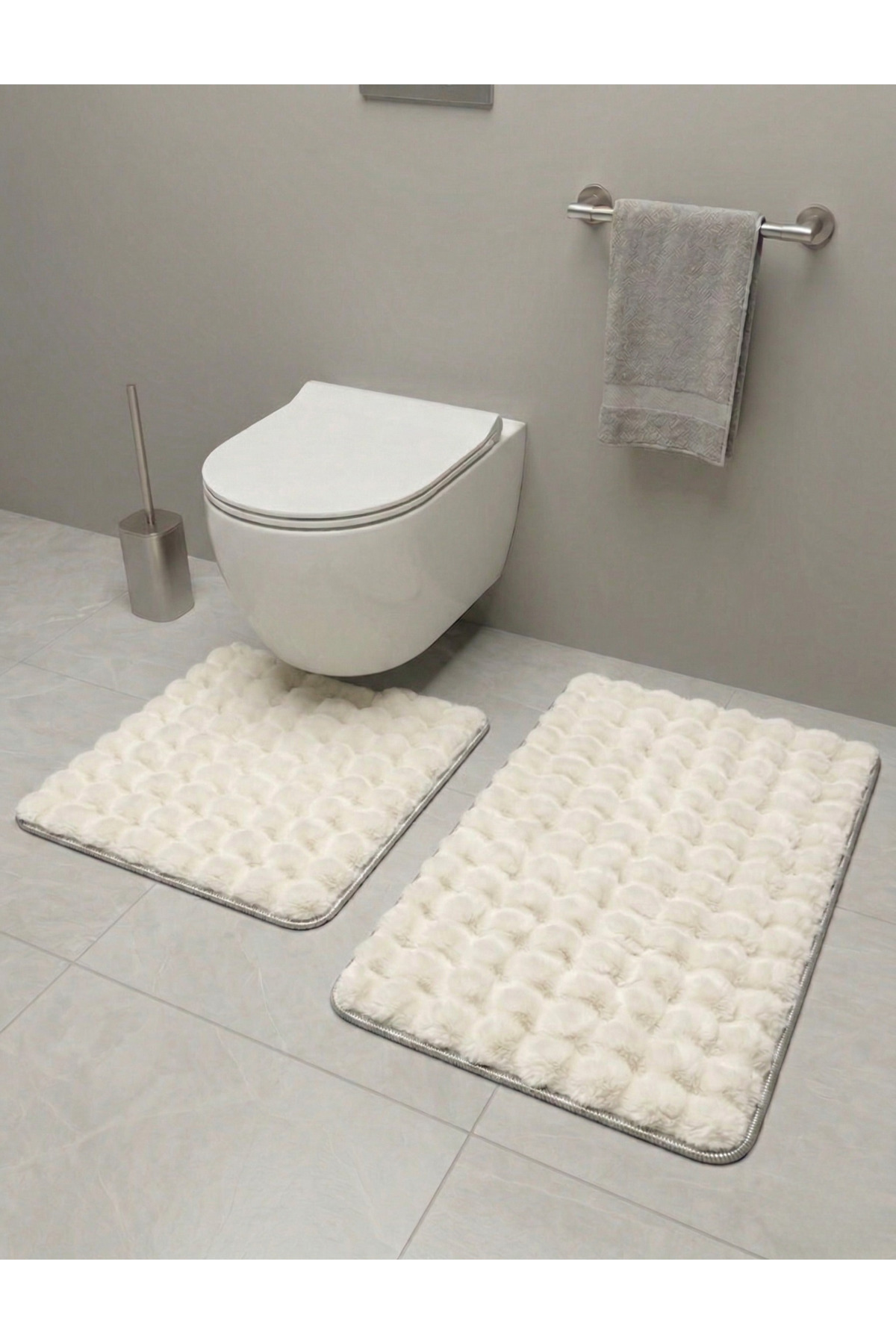 Bubble 2-Piece Bath Mat Set Cream Soft Machine Washable 60x100 and 40x60