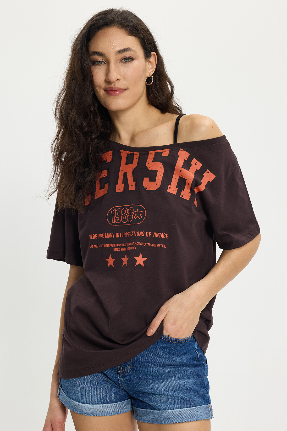 Tudors Women's Oversize Wide Cut 100% Cotton Boat Neck Short Sleeve Printed Brown T-Shirt Blouse