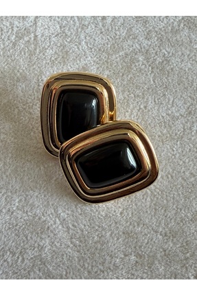 saaden jewelry SAADEN KARE SİYAH TAŞ GOLD KÜPE