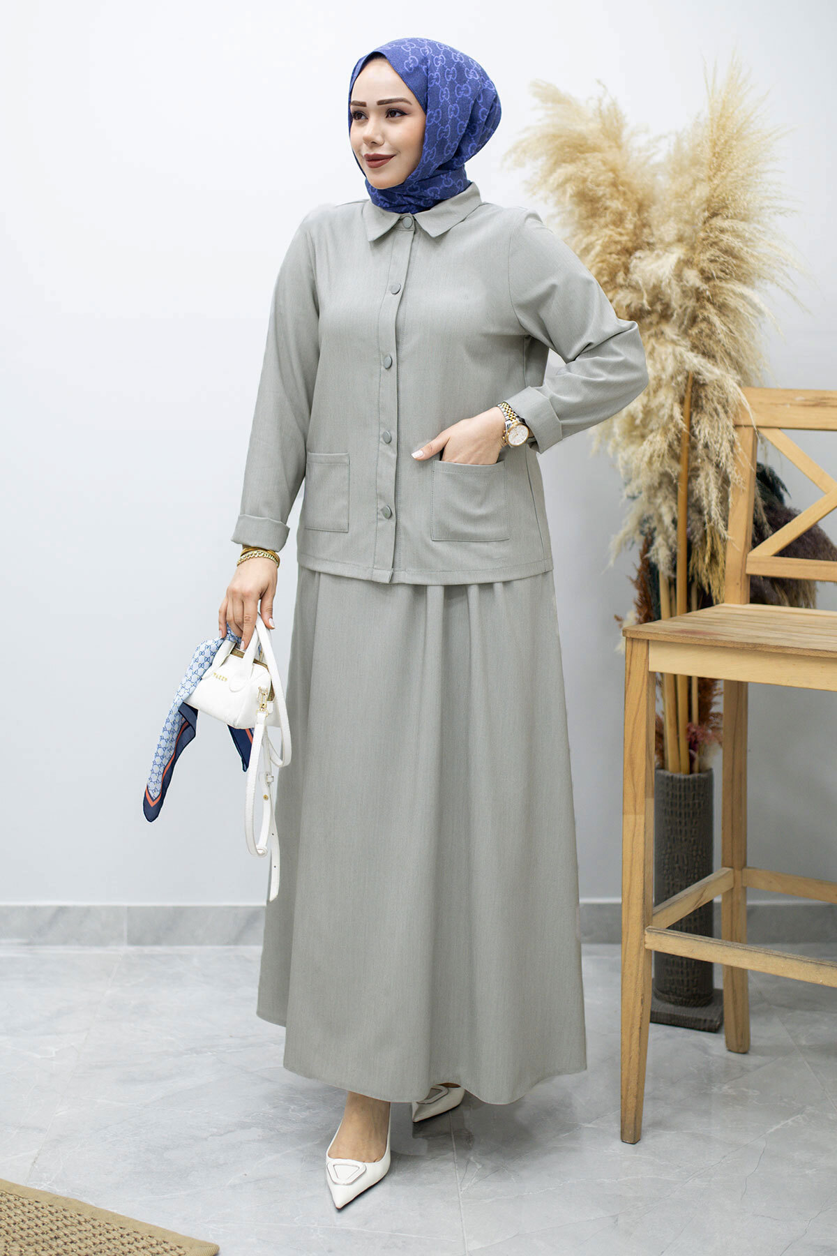 Tesettür Dünyası Shirt with Pockets and Skirt Set Tsd260158 Light Gray