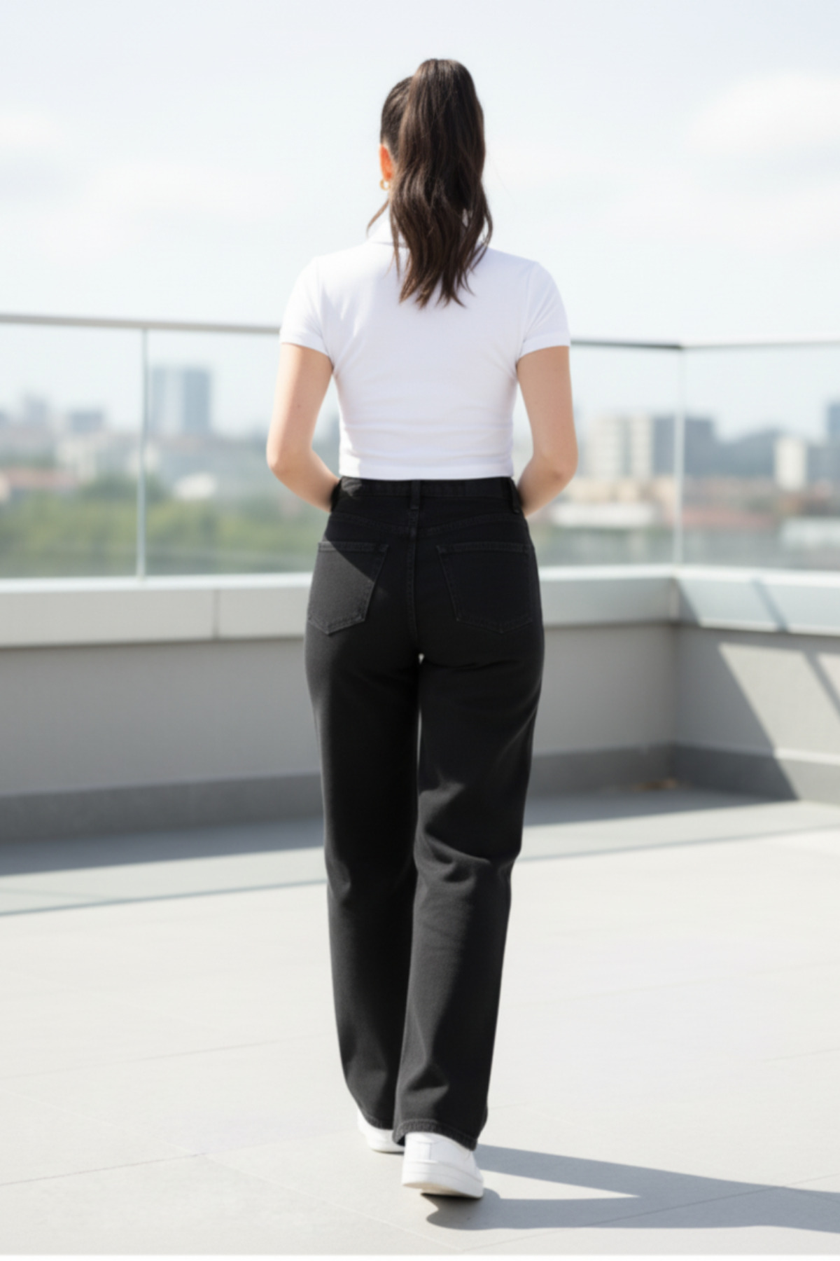 WODDİ  Nova Kadın Yüksek Bel Siyah Salaş Jeans Wide Leg Geniş Paça Palazzo Kot Pantolon - Görsel 4