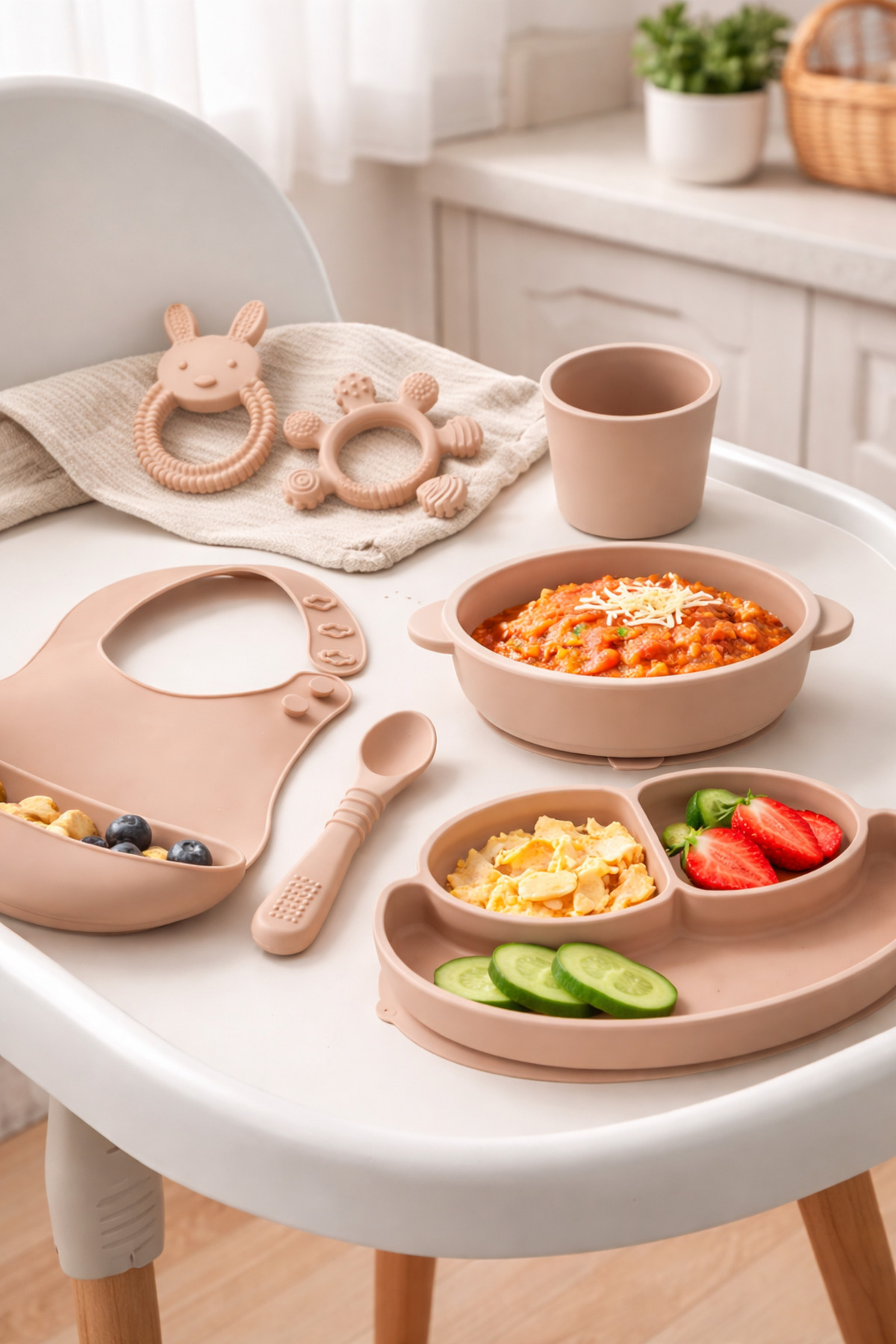 evolis kitchen 7'Li Bebek Beslenme Seti Vakumlu Silikon-Mama Tabağı-Mama Kasesi-Bardağı Kaşık-Önlük Diş Kaşıyıcısı fotoğrafı 2 (önizleme)