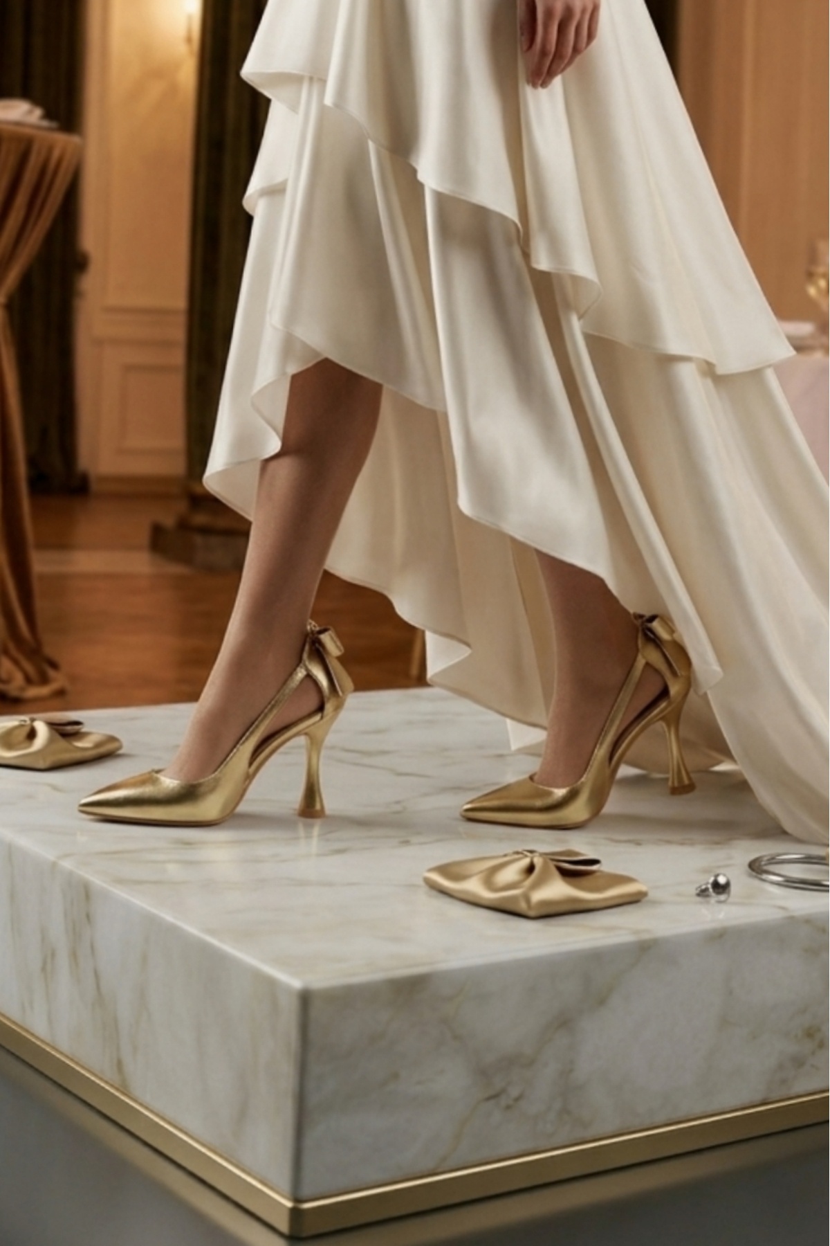 ModaNef  Kadın 7 cm Altın Fiyonklu Abiye Ayakkabı - Görsel 2