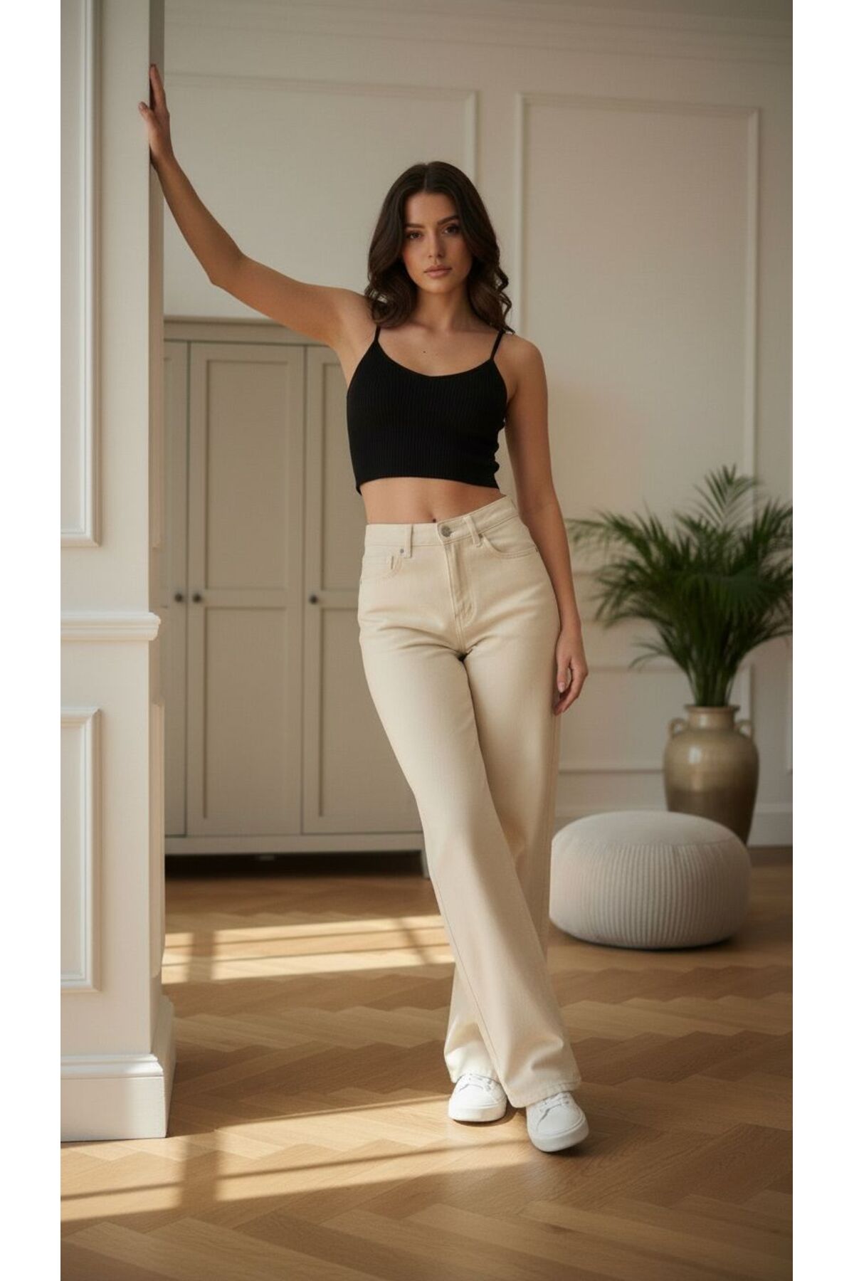 comfort jeans Kadın Krem Rengi Likralı Süper Yüksek Bel Salaş Jeans Palazzo Pantolon Wide Leg görsel 3