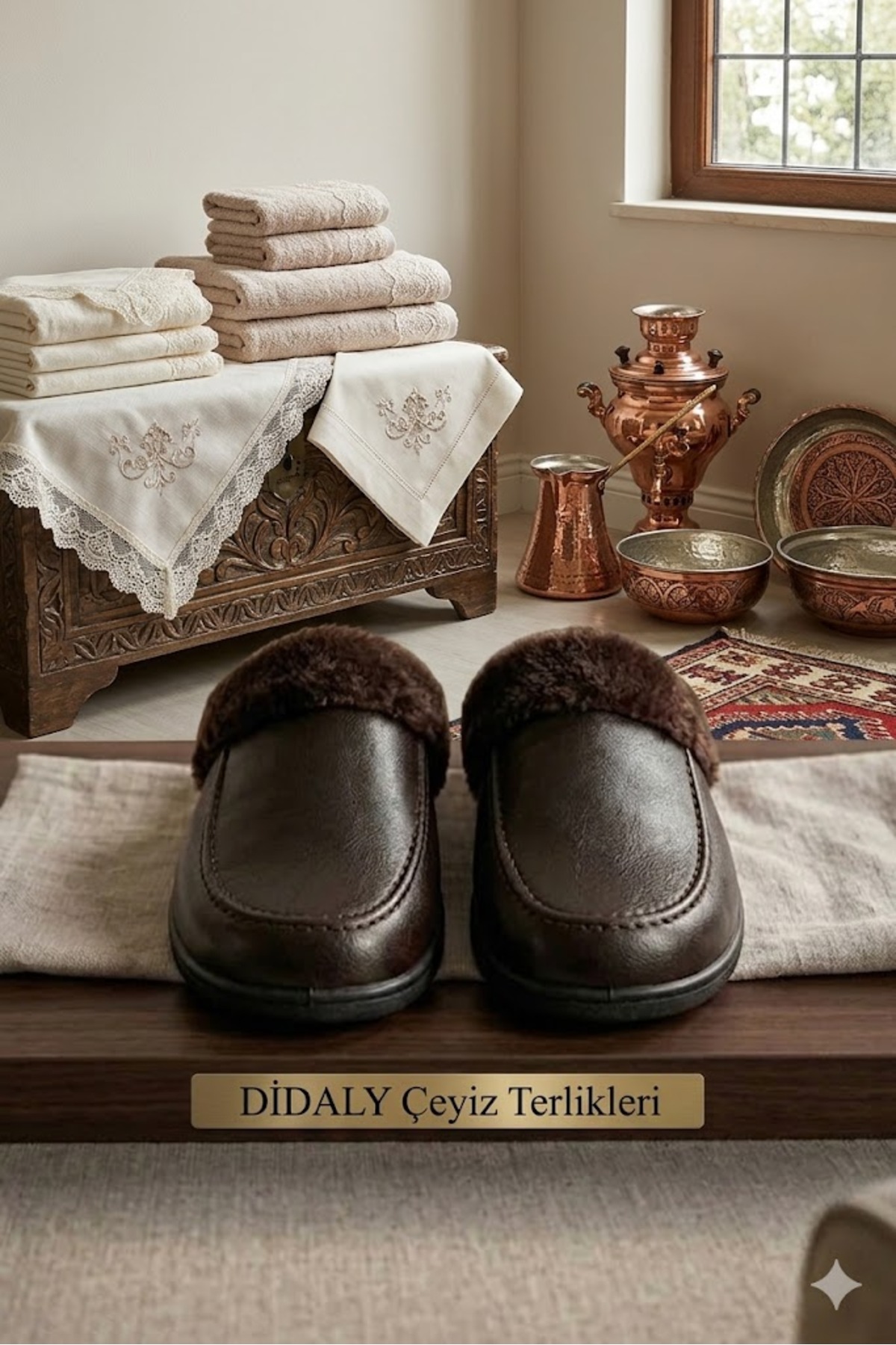 Didaly Lüks Deri İçi Kürklü Çeyizlik Erkek Ev Terliği