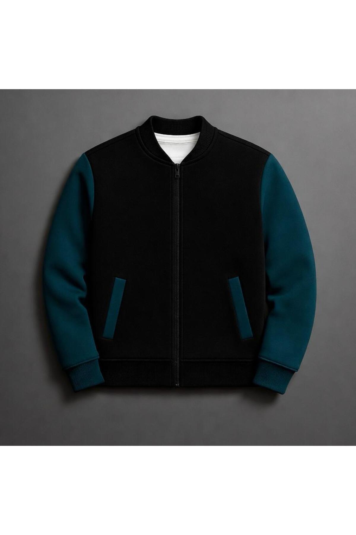 HerTarzınTrendi 3 İplik Premium Yeni Sezon Basic Unisex Kolej Ceket - Baskısız, Kolları Renkli Sade Görünüm görsel 2