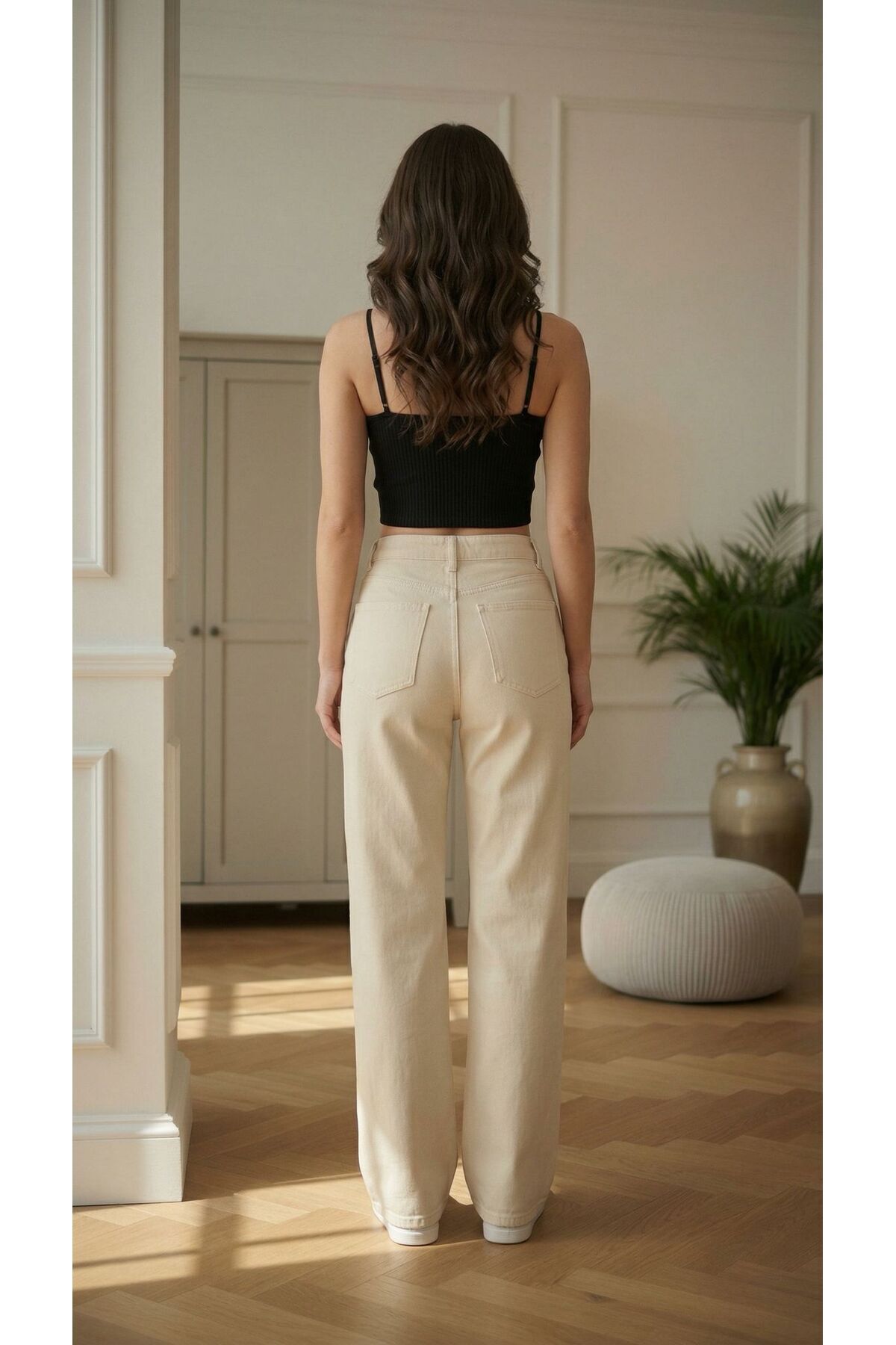 comfort jeans Kadın Krem Rengi Likralı Süper Yüksek Bel Salaş Jeans Palazzo Pantolon Wide Leg görsel 6