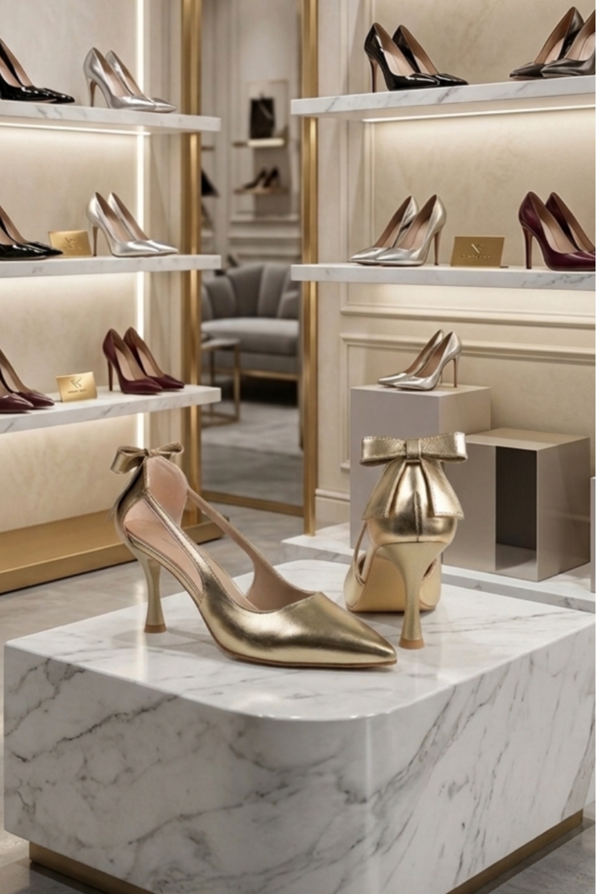 ModaNef  Kadın 7 cm Altın Fiyonklu Abiye Ayakkabı - Görsel 4