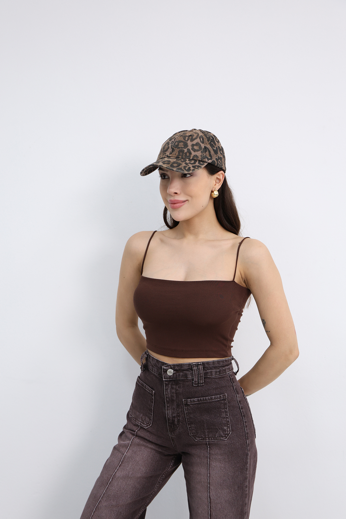 Dut Store Kadın İnce Askılı Kendinden Kaplı Crop Atlet Kahverengi görsel 4