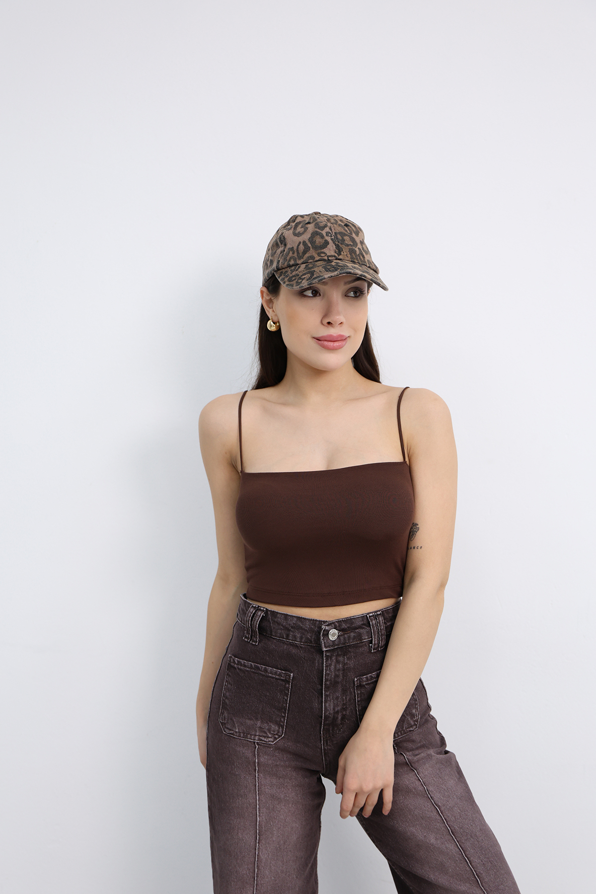 Dut Store Kadın İnce Askılı Kendinden Kaplı Crop Atlet Kahverengi görsel 6