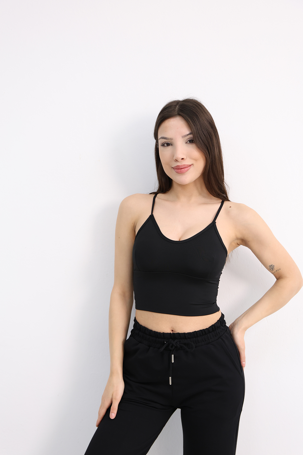 Dut Store Kadın V Yaka Kendinden Kaplı Sırtı Çarpraz Crop Büstiyer Siyah görsel 6