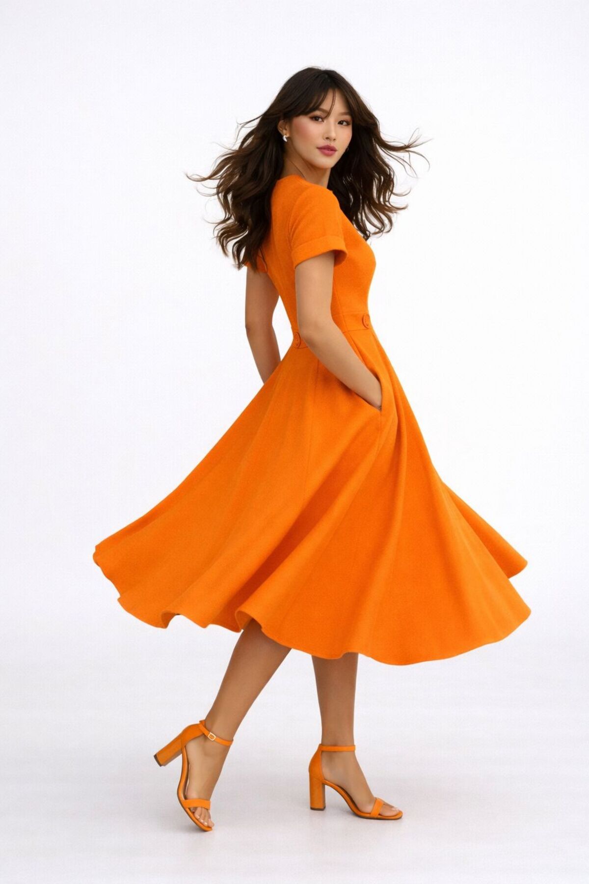 hipnoz butik  Kadın Cepli Bel Düğme Detaylı Kısa Kollu Elbise - Görsel 2