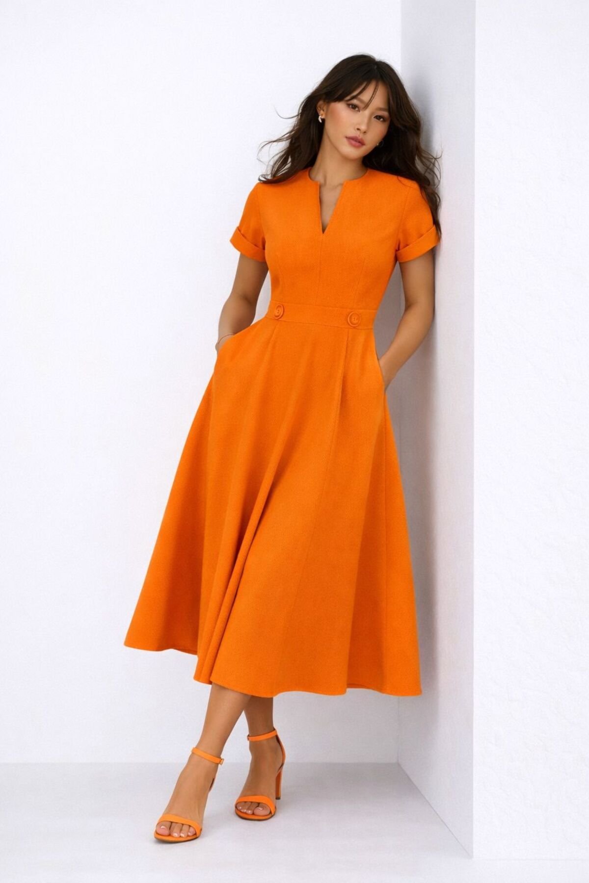 hipnoz butik  Kadın Cepli Bel Düğme Detaylı Kısa Kollu Elbise