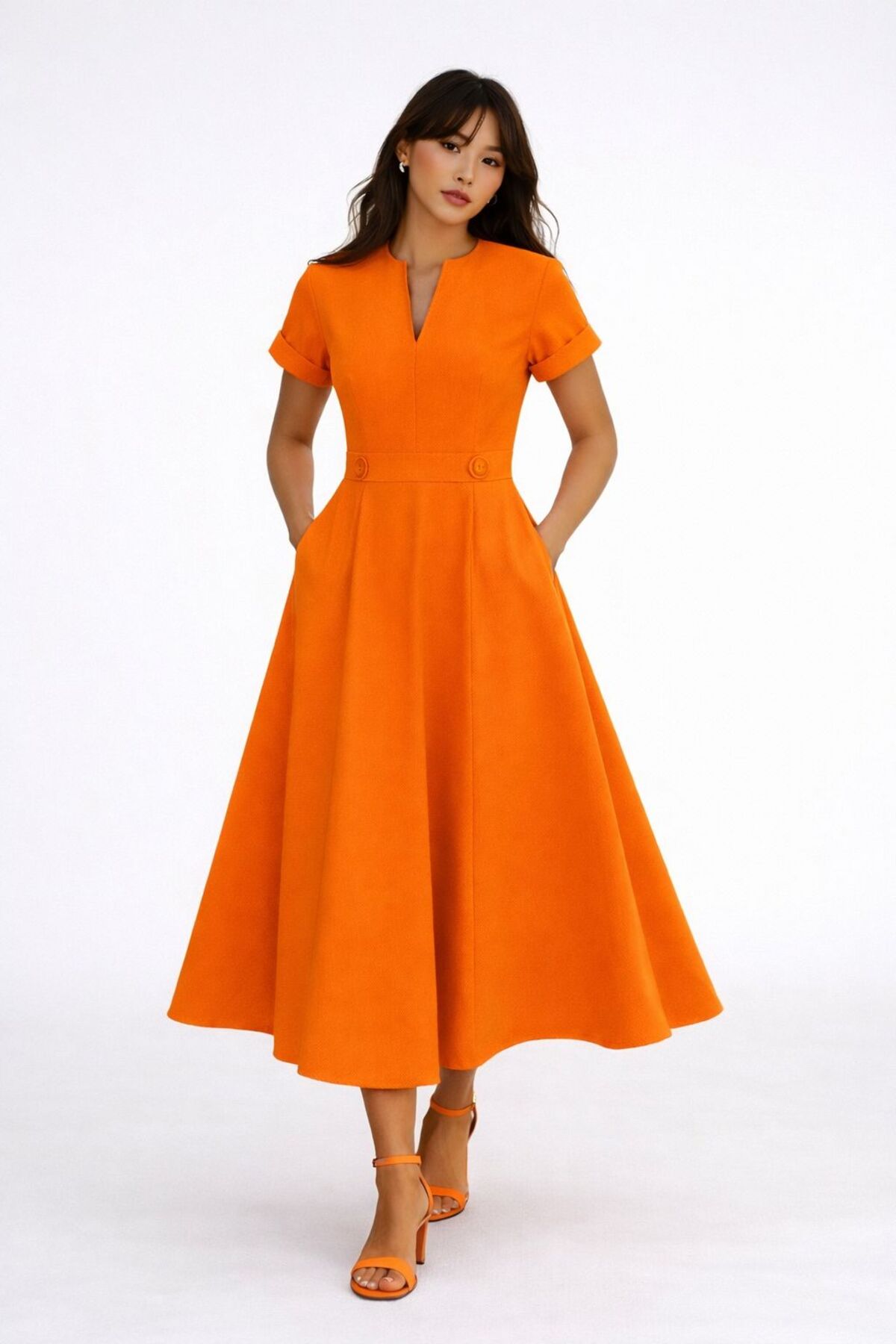 hipnoz butik  Kadın Cepli Bel Düğme Detaylı Kısa Kollu Elbise - Görsel 3