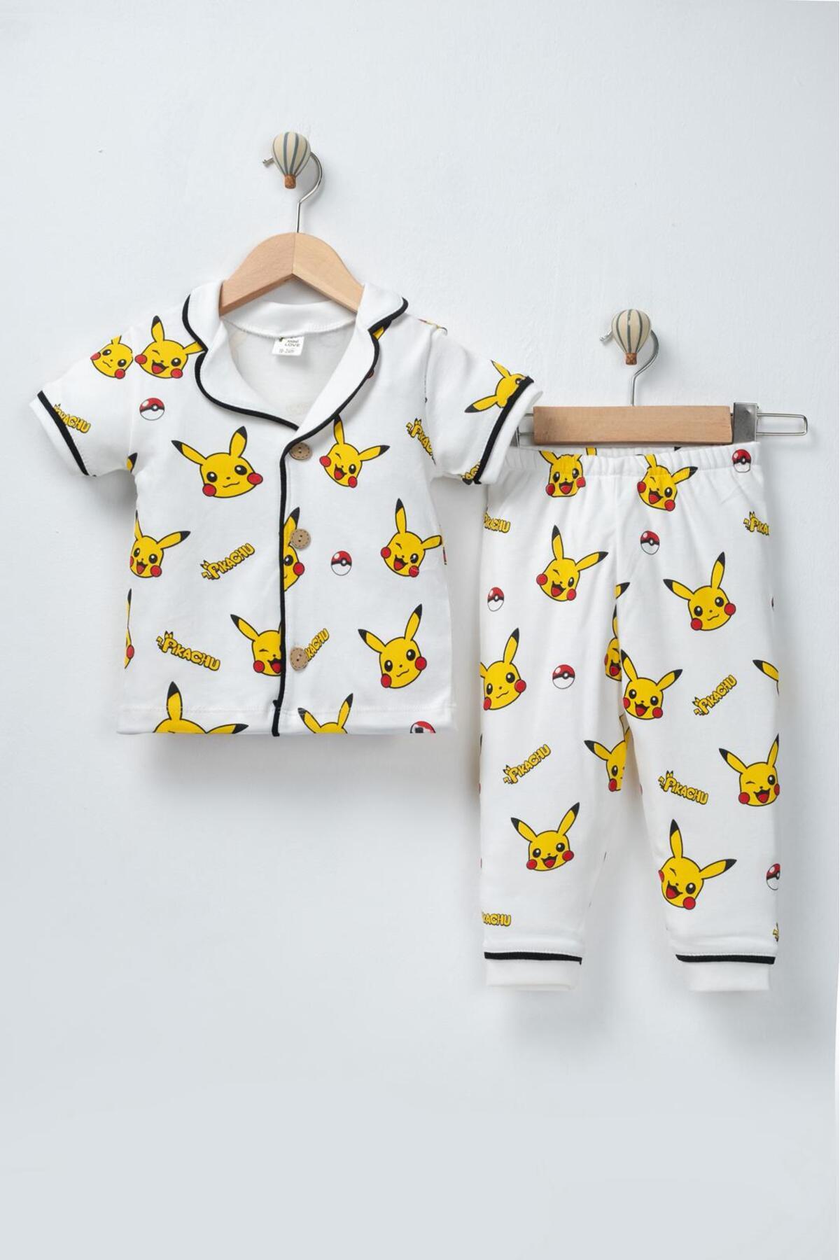 derin baby %100 Pamuklu Kısa Kollu Düğmeli Yazlık Kız Erkek Unisex Pikachu Desenli Bebek Çocuk Pijama Takımı fotoğrafı 2 (önizleme)