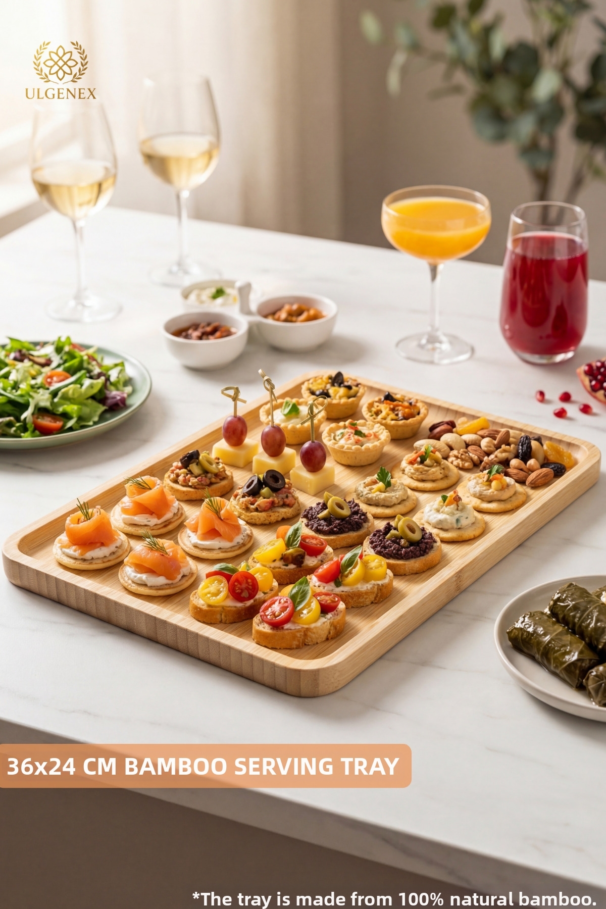 Ulgenex 36X24 cm Large Size Natural Bamboo Presentation Tray - 2 cm Extra Thick Cheese and Breakfast Plate
