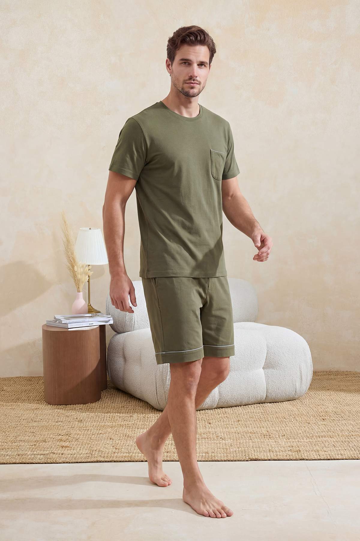 Trendyolmilla Man Haki Regular Fit Biyeli Örme Şortlu Pijama Takımı TMNSS24PT00021