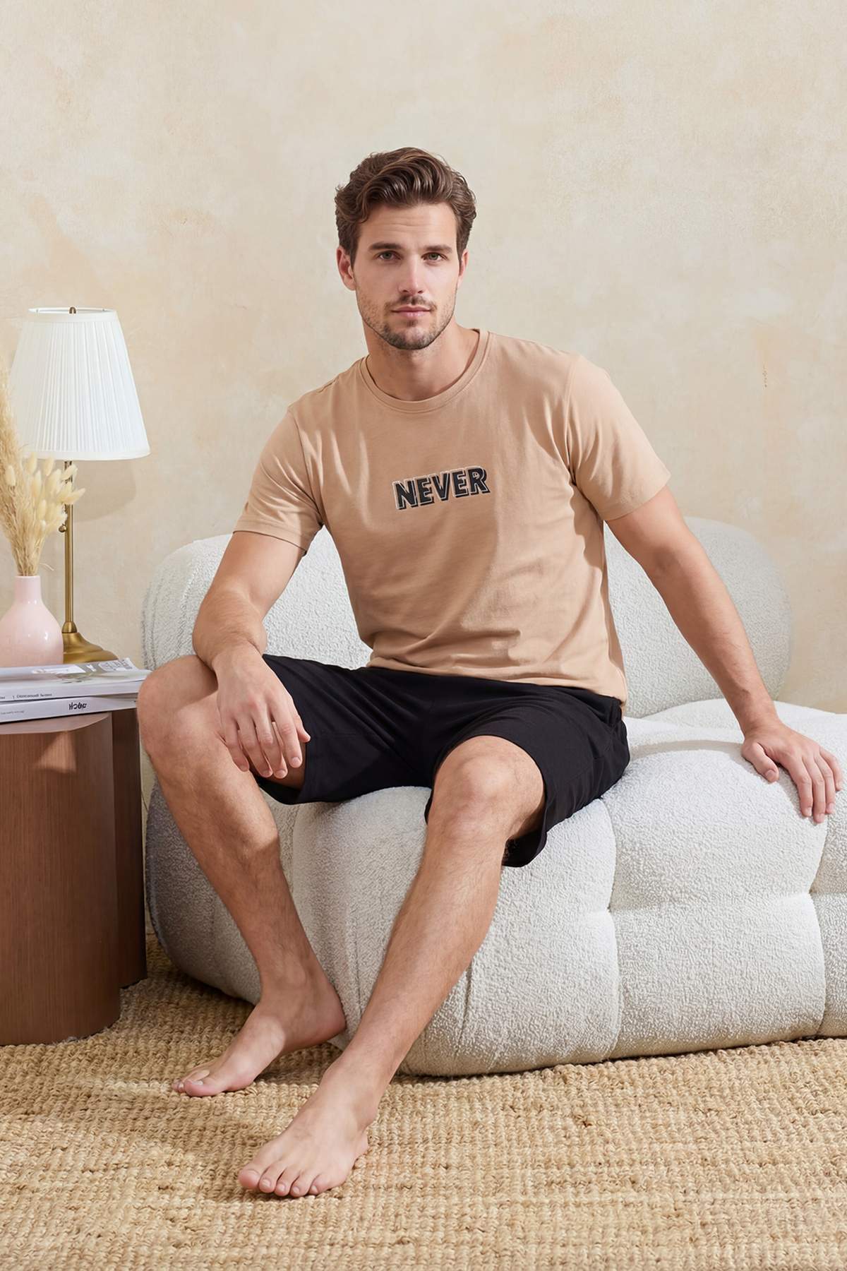 Trendyolmilla Man Bej Regular Slogan Baskılı %100 Pamuk Yazlık Örme Pijama Takımı TMNSS26PT00059