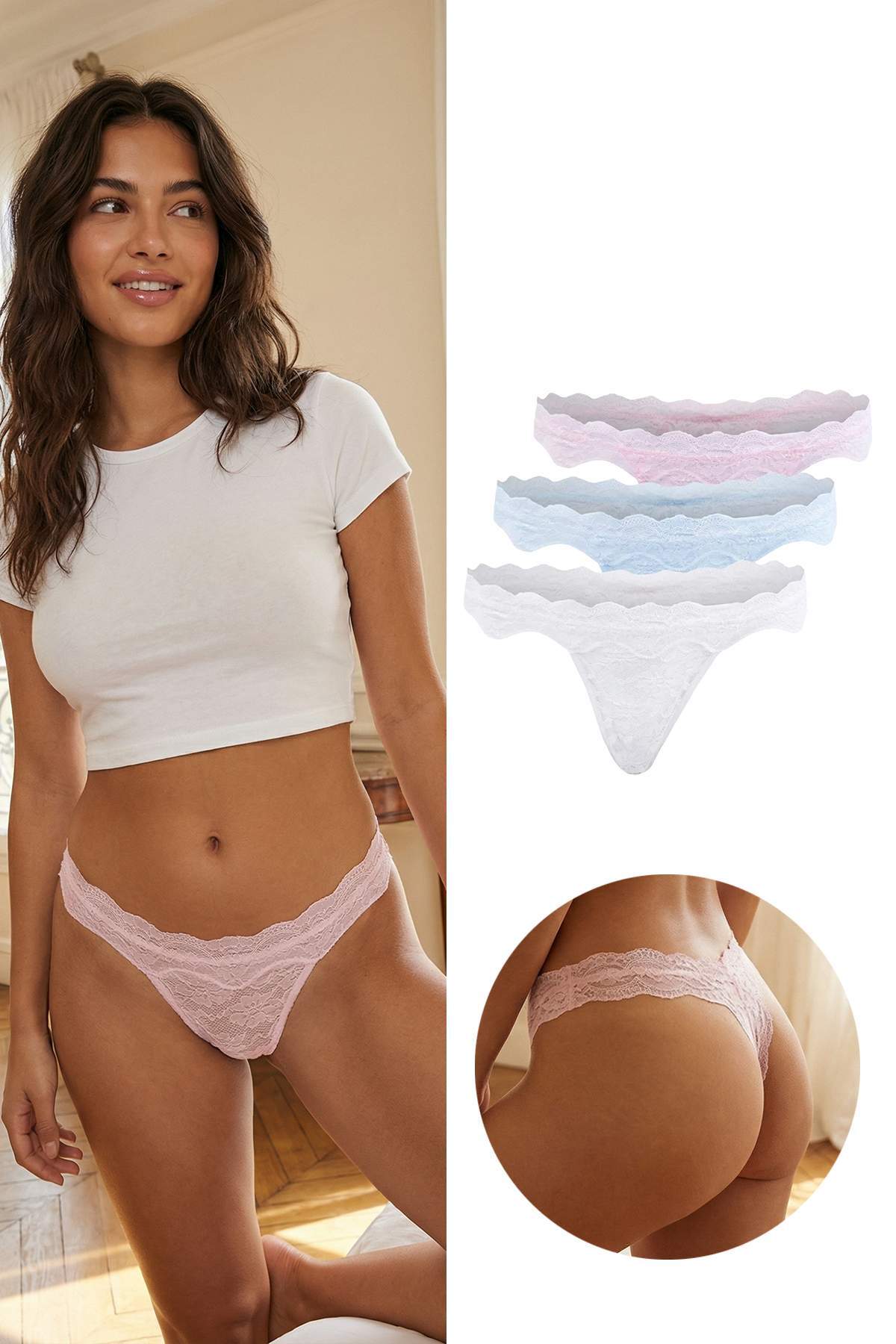 Trendyolmilla Pembe-Ekru-Mavii 3'lü Dantel Tanga Külot THMSS26KU00016