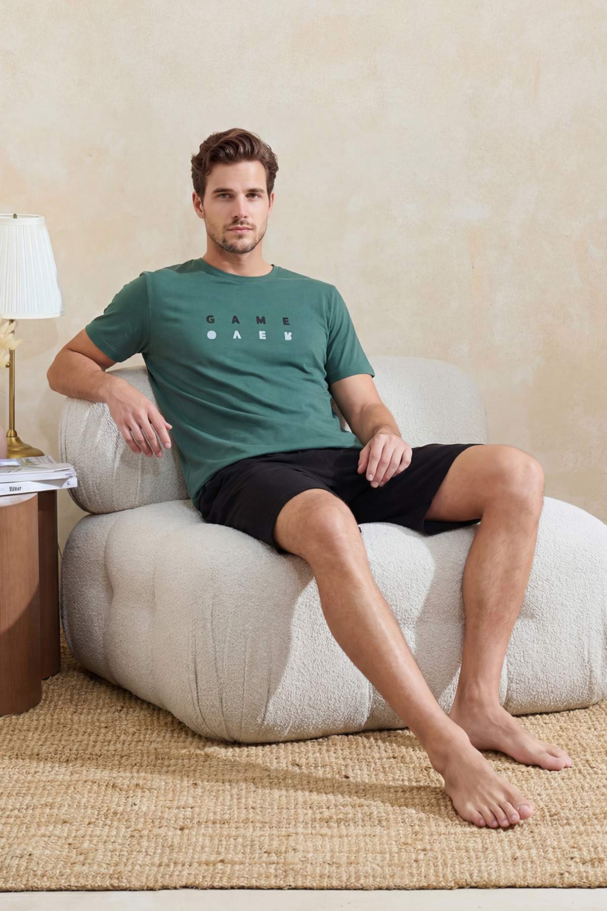 Trendyolmilla Man Yeşil Regular Slogan Baskılı %100 Pamuk Yazlık Örme Pijama Takımı TMNSS26PT00059