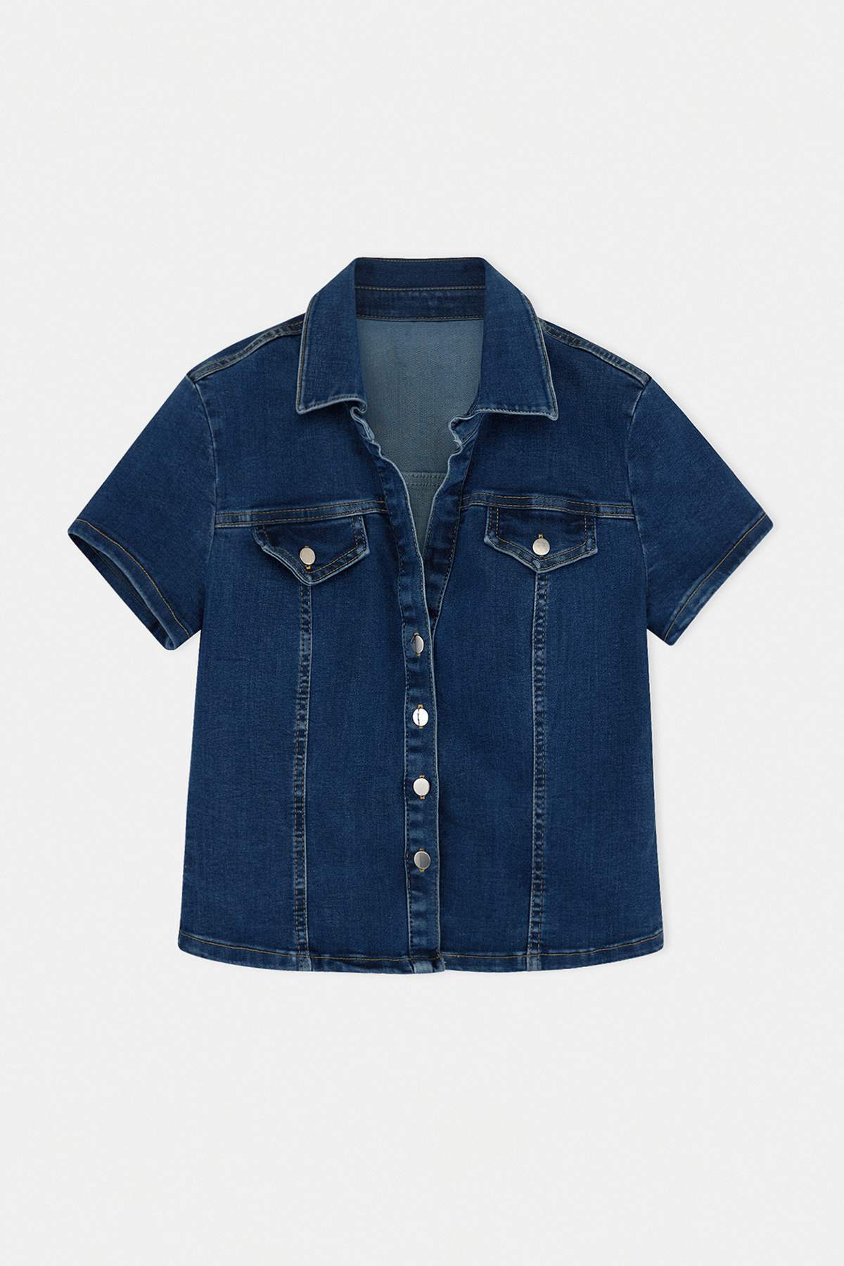 Trendyolmilla  Koyu Mavi Cep Detaylı Fitted Denim Gömlek TWOSS26GO00023 - Görsel 5