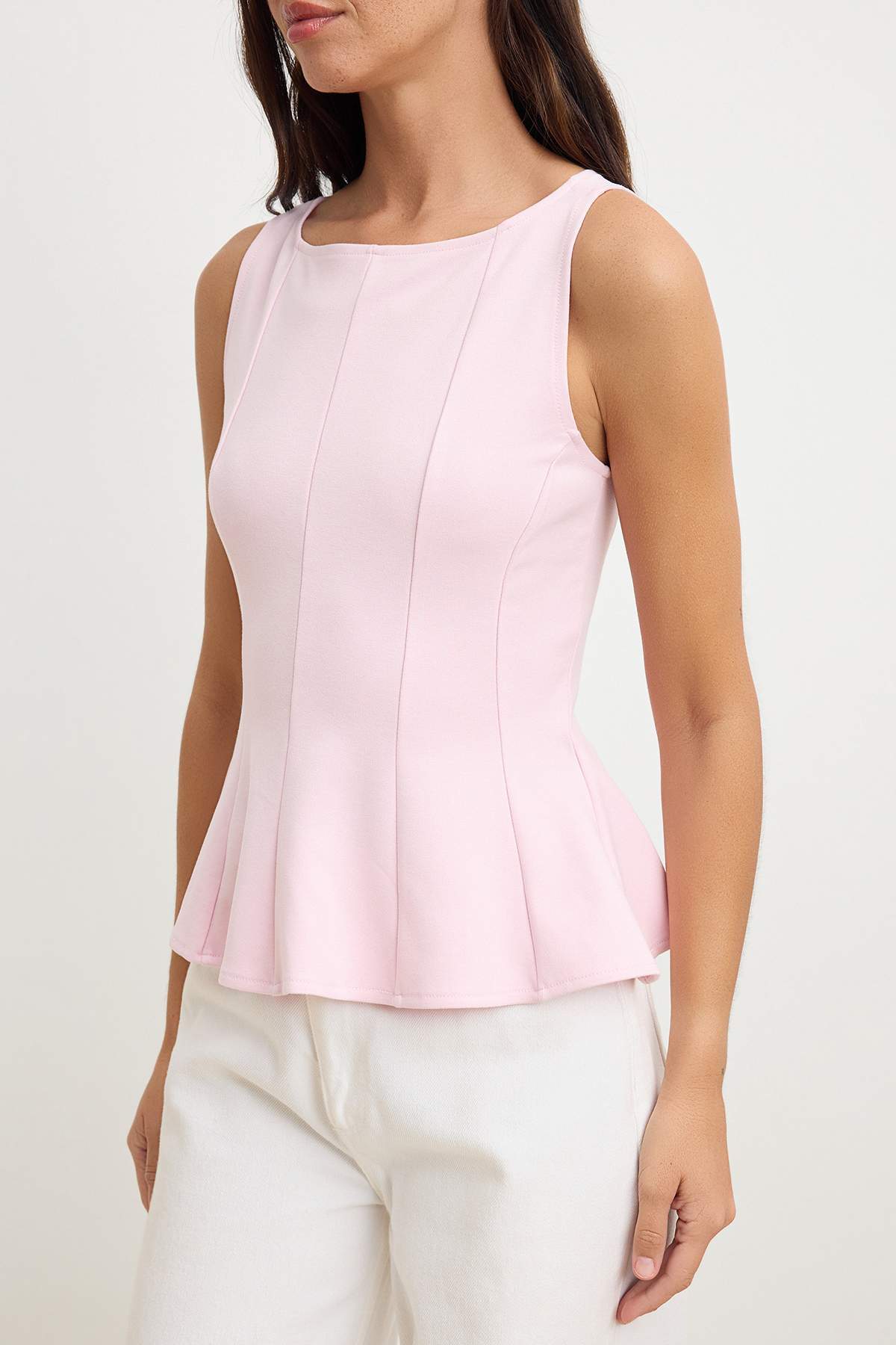 Trendyolmilla  Pembe Peplum/Belden Oturmalı Kayık Yaka Esnek Örme Bluz TWOAW26BZ00229 - Görsel 3