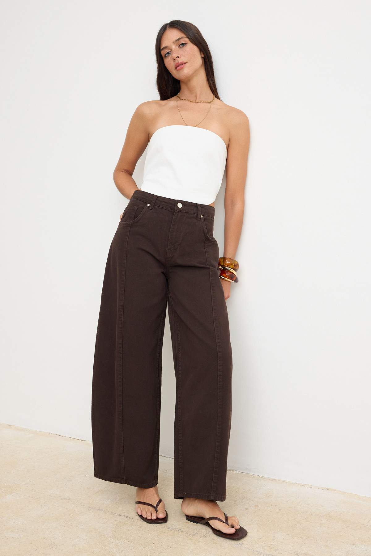 Trendyolmilla  Kahverengi DÖKÜMLÜ Dikiş Detaylı Yüksek Bel Baggy Jeans TWOSS26JE00008 - Görsel 2